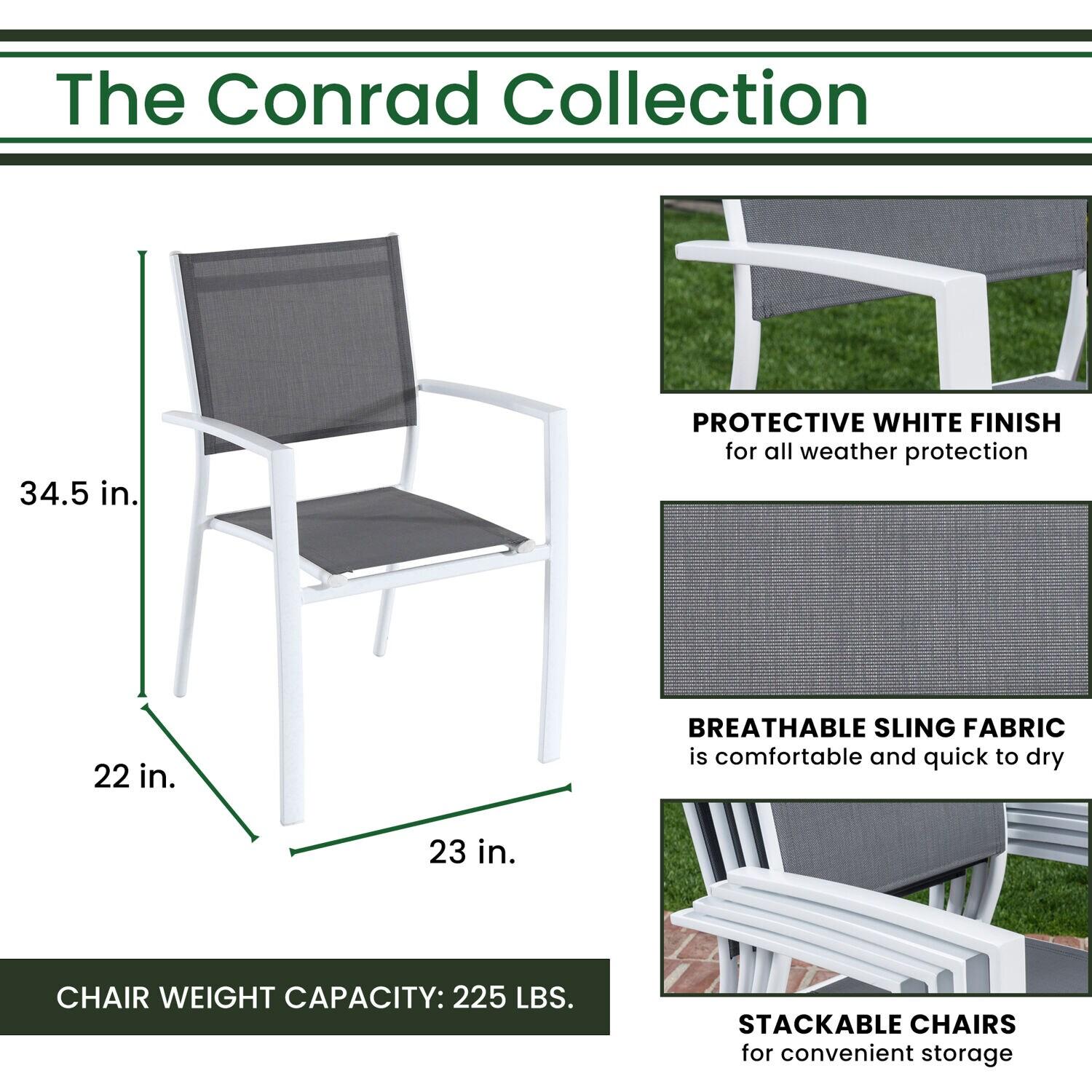 Hanover Conrad 5-Piece Compact Outdoor Dining Set | 4 Stackable Sling Chairs | Slat-Top Convertible Folding Table | Modern Design | Durable Aluminum Frame | White/Gray | CONDN5PC-WHT