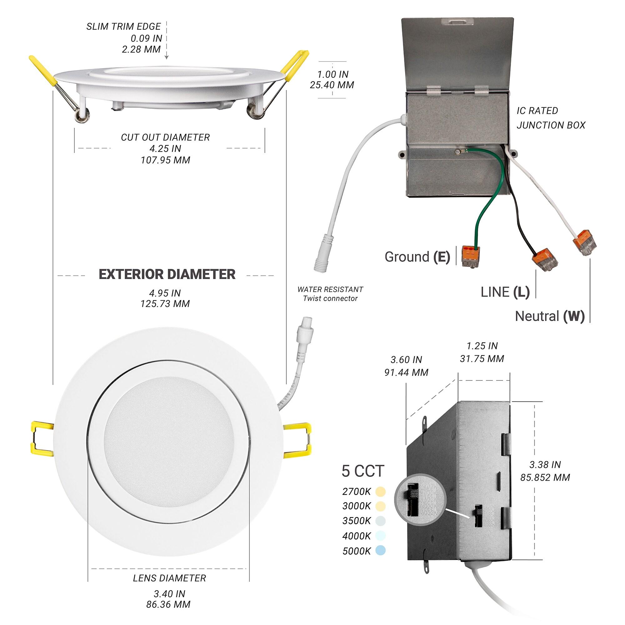 Adjustable Downlight 4.87'' Selectable Color Temperature Dimmable Air-Tight IC Rated LED Canless Recessed Lighting Kit