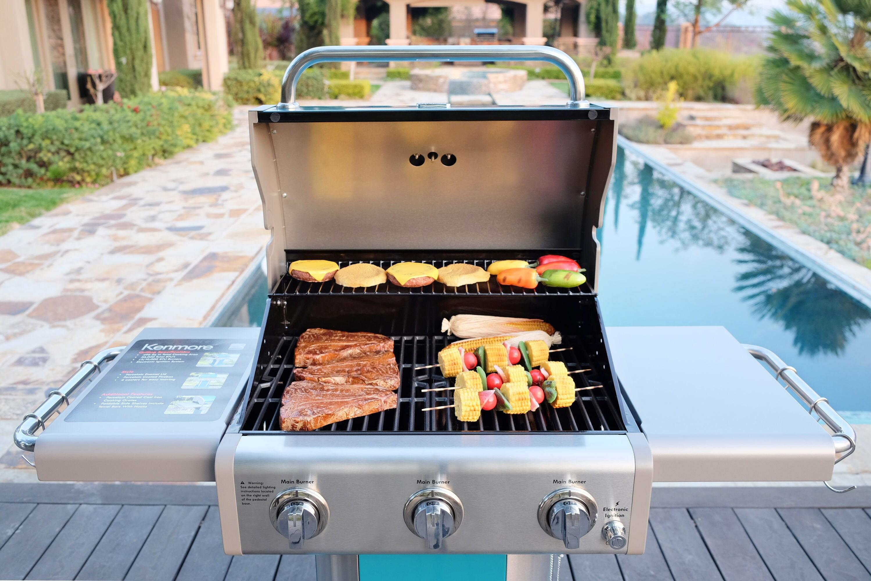 Kenmore 3-Burner Propane Gas Grill with Foldable Side Tables for Outdoor BBQ