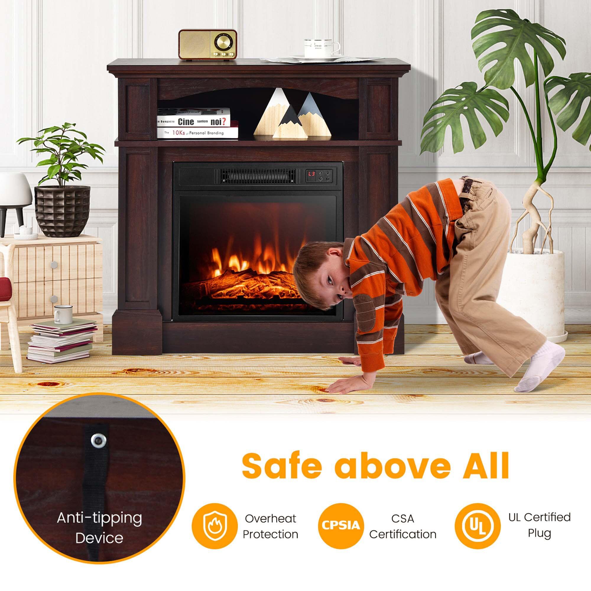 Costway 32" 1400W Electric Fireplace Mantel TV Stand Space Heater W/ Shelf Brown