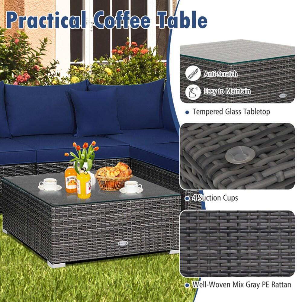 Costway 7PCS Patio Rattan Furniture Set Sectional Sofa Cushioned Garden Navy