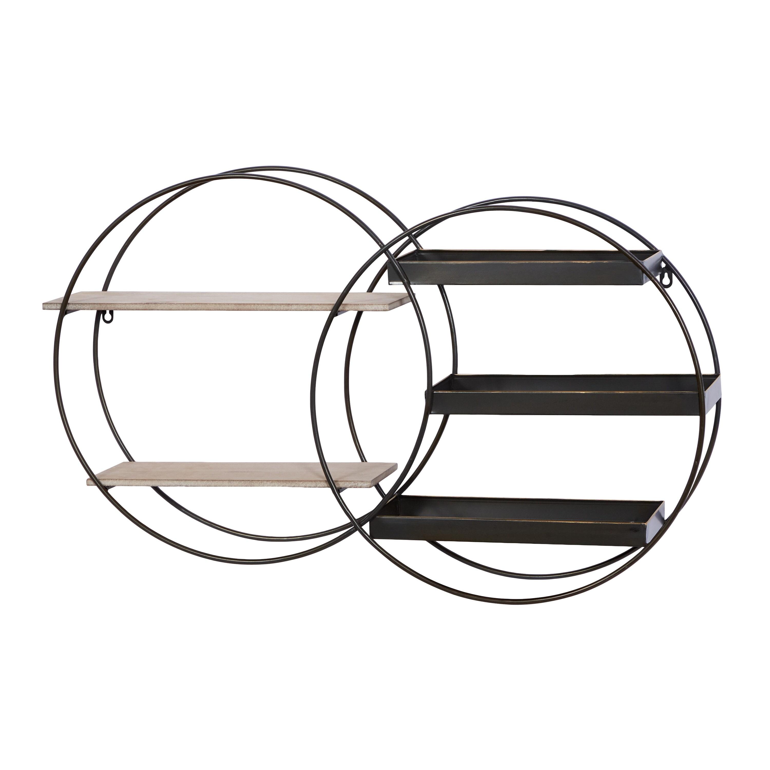 Black Iron and Dark Wood Circular Floating Wall Shelf