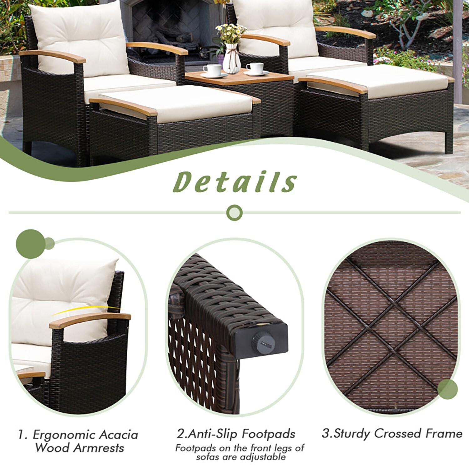 7-Piece Mix Brown Rattan Patio Sofa Set with Off-White Cushions and Acacia Wood