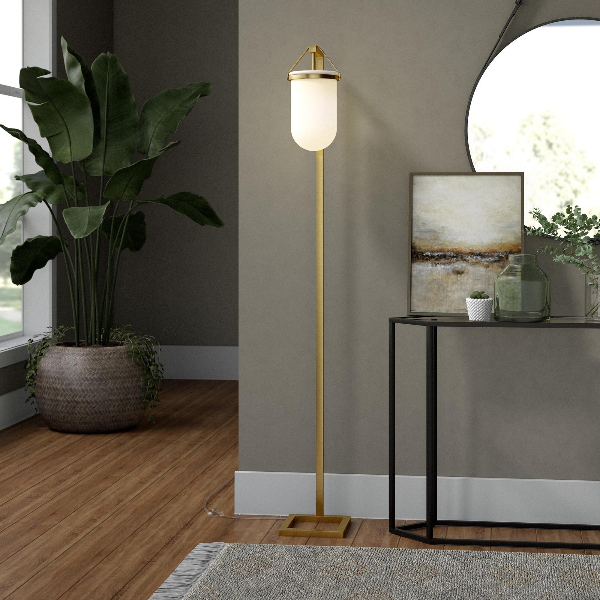 Evelyn&Zoe Shiloh 68" Tall Floor Lamp with Glass Shade, Brass/White Milk