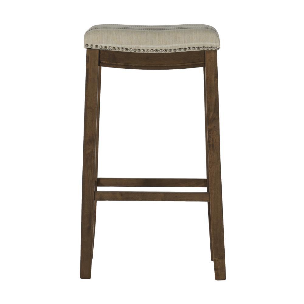 Claridge 32" Backless Saddle-Style Brown Wood Bar Stool with Nailhead Trim