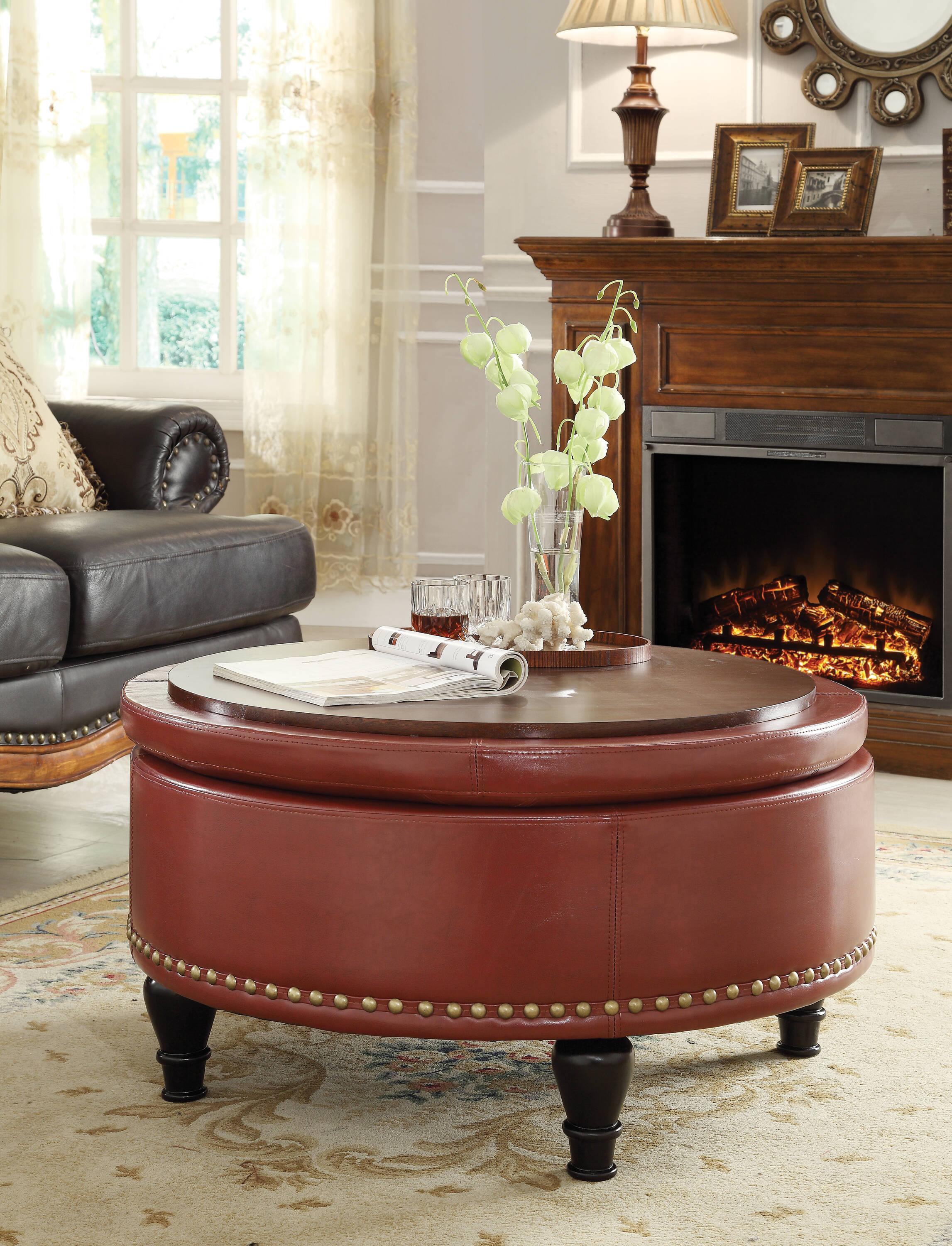 OSP Home Furnishings Augusta Round Storage Ottoman in Crimson Red Bonded Leather with Decorative Nailheads