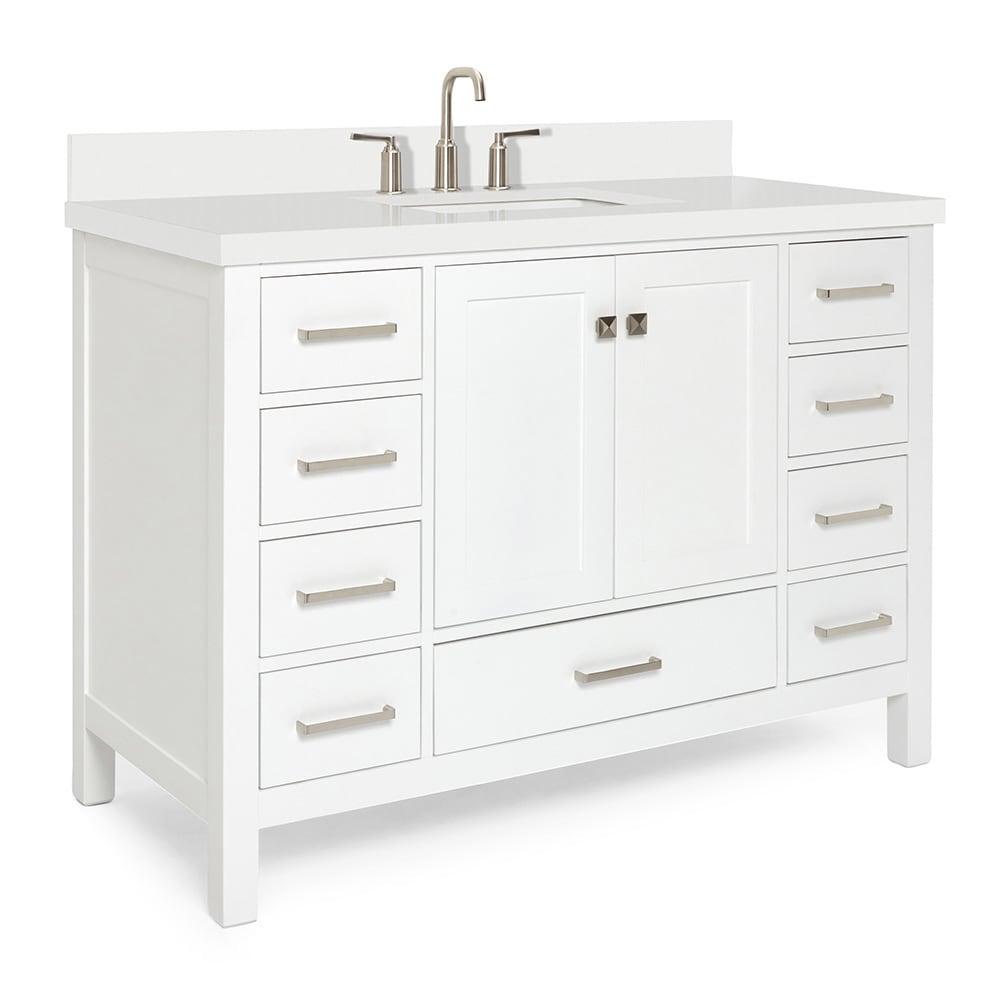 ARIEL 49" Bathroom Vanity with 1.5" Edge Pure White Quartz Countertop & Backsplash, Center Rectangular Sink, 2 Soft Closing Doors, 9 Full Extension Dovetail Drawers, Brushed Nickel - White
