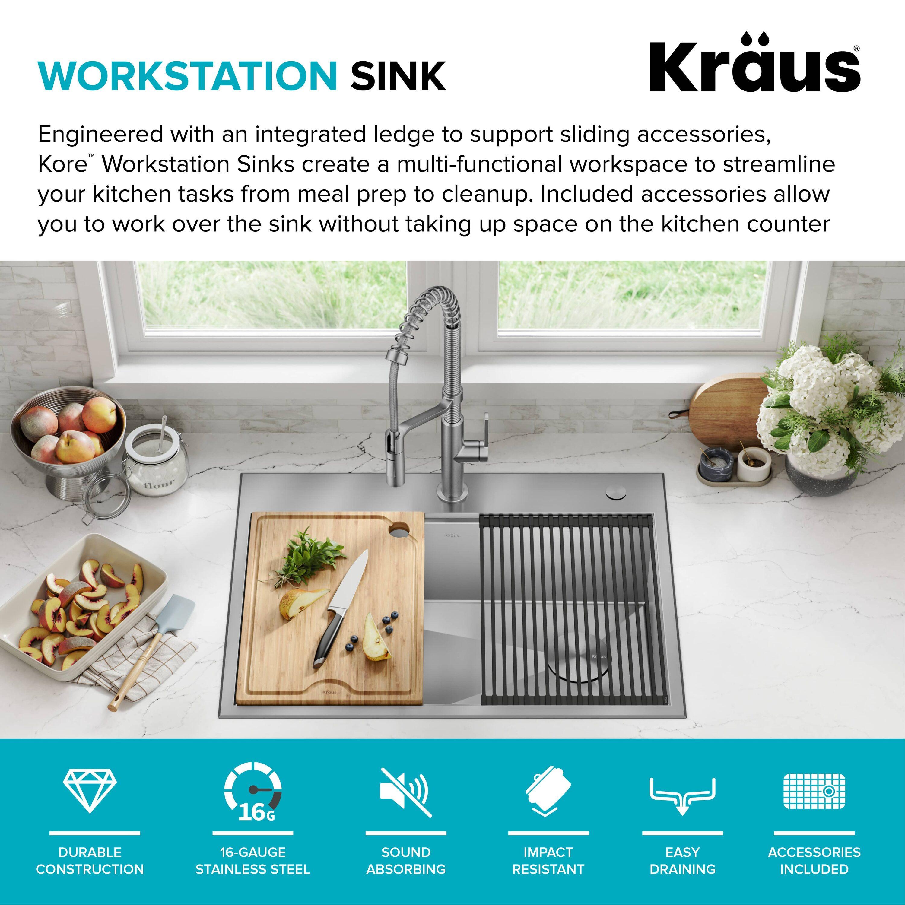 KRAUS Kore™ Workstation Drop-In 16 Gauge Single Bowl Stainless Steel Kitchen Sink