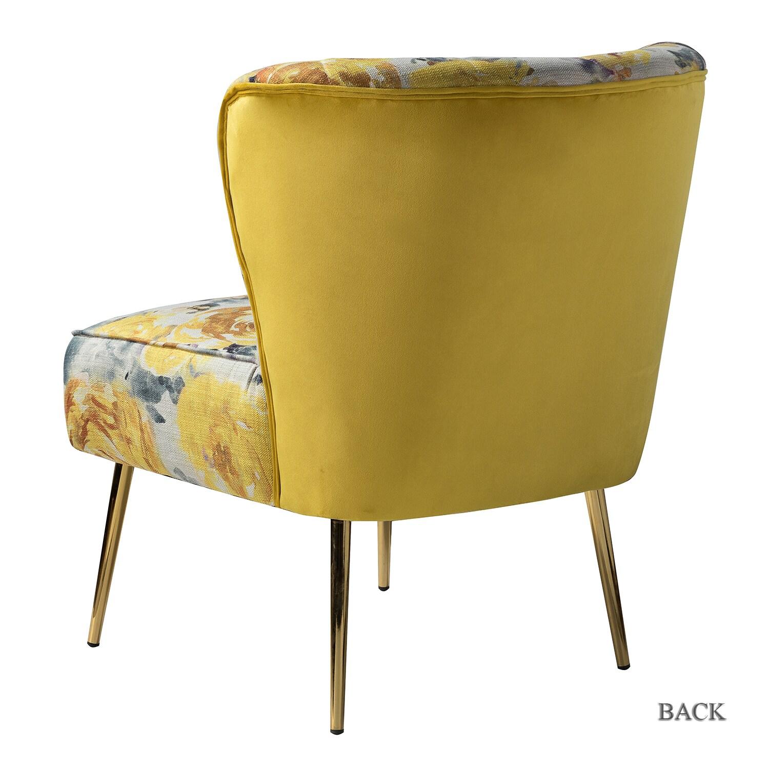 Contemporary Upholstery Accent Chair Metal Base Tufted Back Elegant Pattern seat Home Living Room Bedroom Yellow