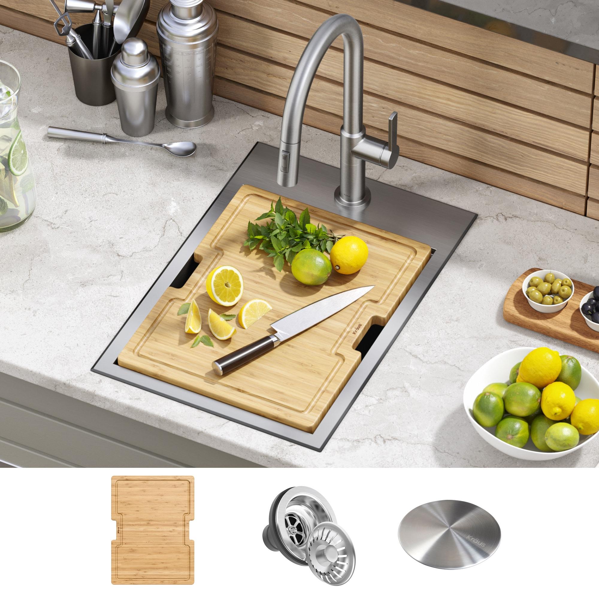 KRAUS Kore™ 15" L Outdoor Workstation Drop-In 16 Gauge Marine Grade T-316 Stainless Steel Single Bowl Kitchen Bar Sink