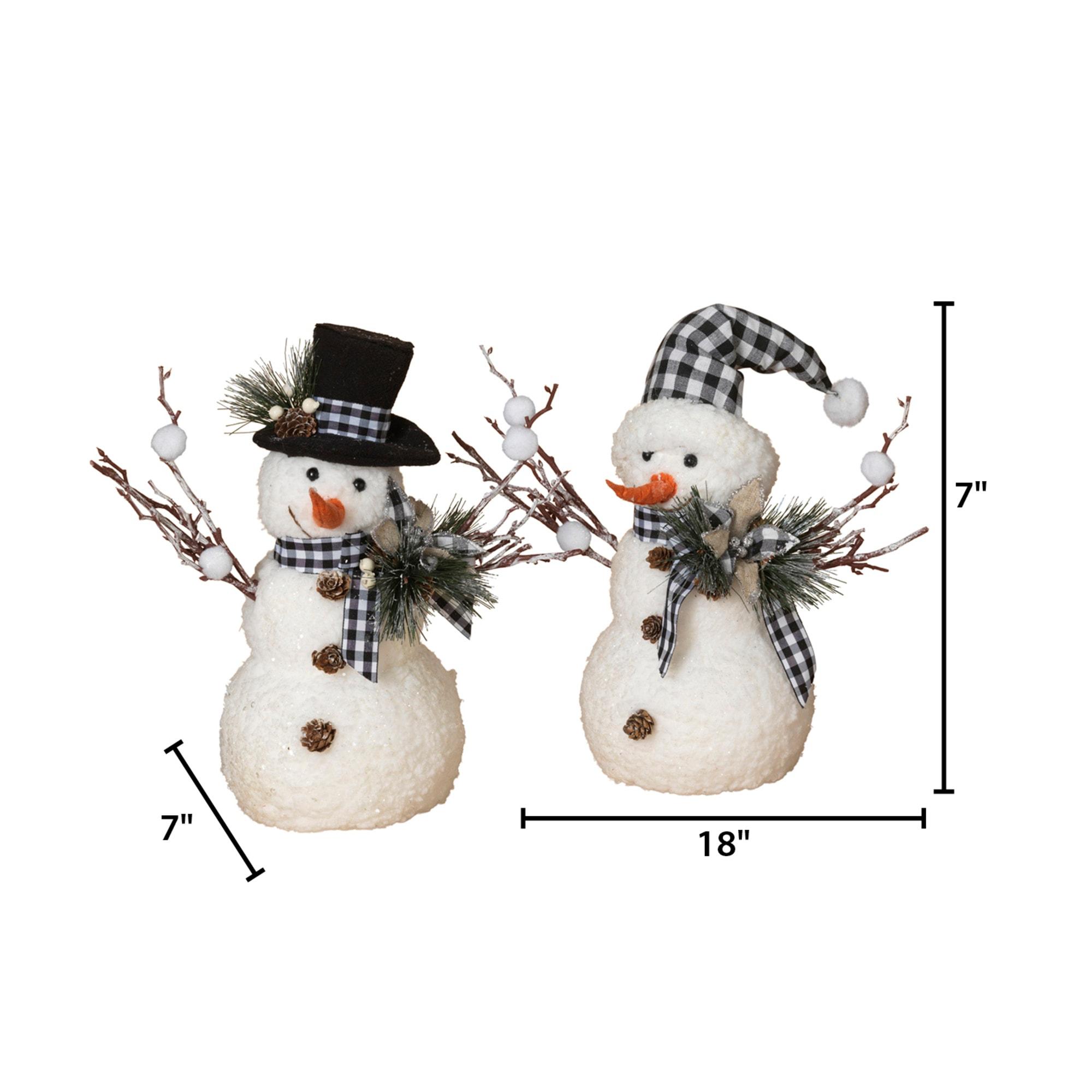 Set of 2 Winter Snowman Figurines with Pine & Fabric Bow