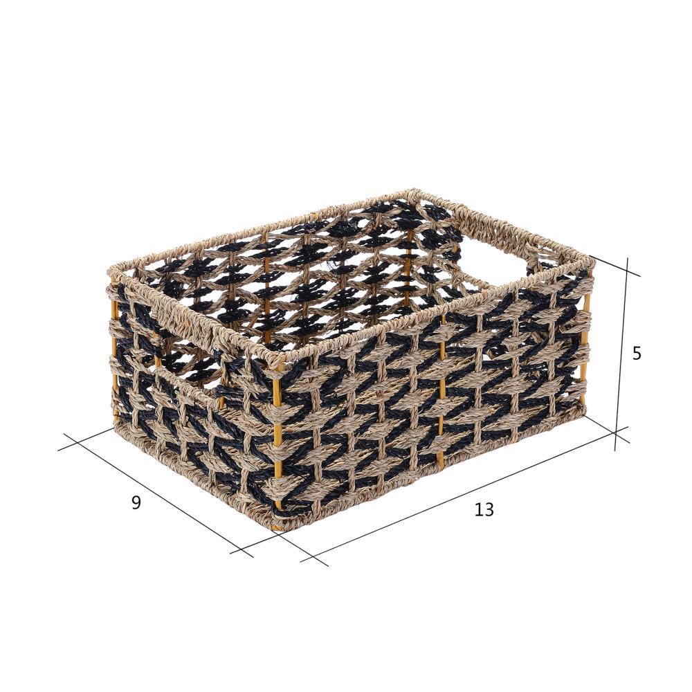 Villacera Rectangle Hand Weaved Wicker Baskets made of Water Hyacinth - Set of 2 Nesting Black and Natural Seagrass Bins