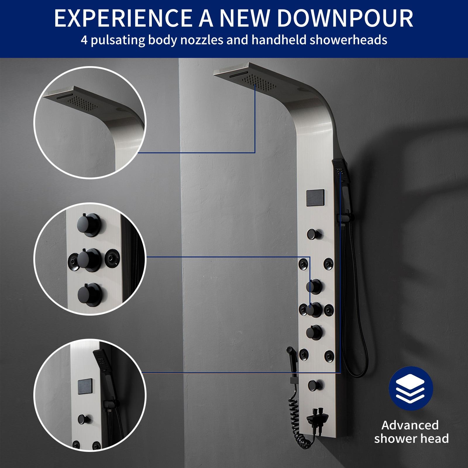 BWE 8-Jet Rainfall Shower Panel System with Rainfall Waterfall Shower Head and Shower Wand in