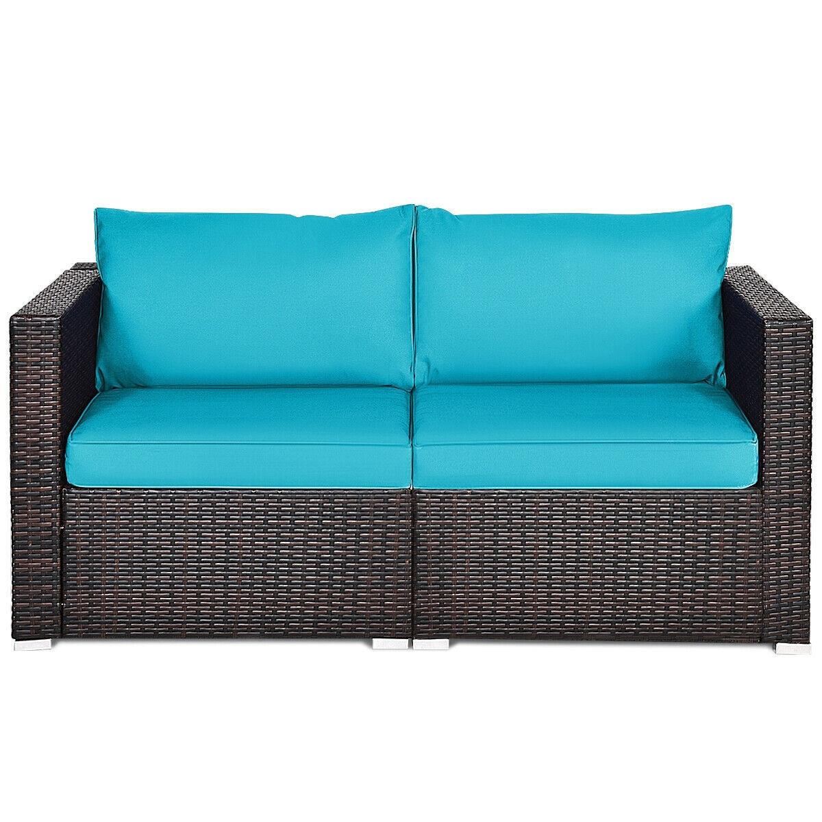 Costway 2PCS Patio Rattan Corner Sofa Sectional Furniture Blue Cushion