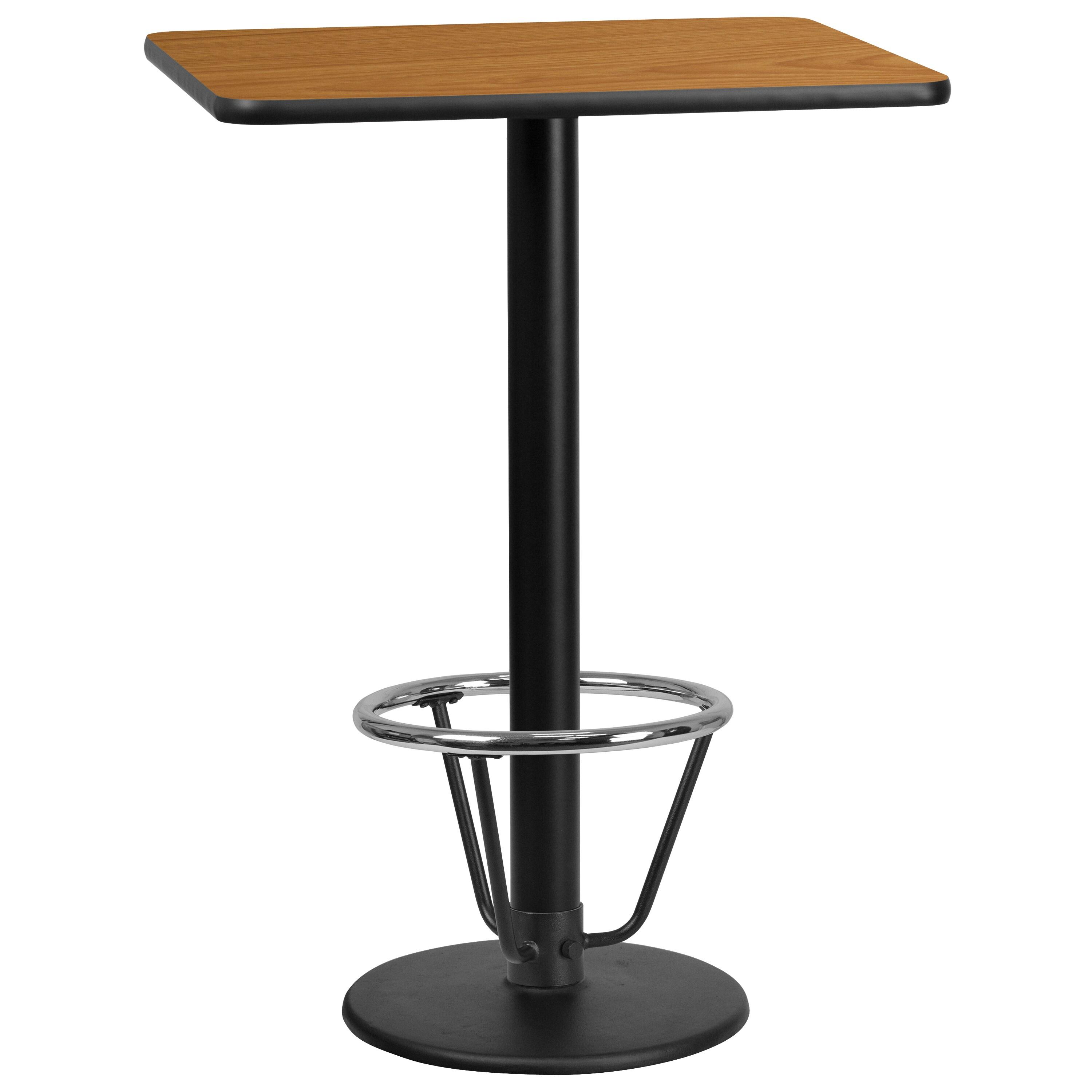 Flash Furniture 24'' x 30'' Rectangular Natural Laminate Table Top with 18'' Round Bar Height Table Base and Foot Ring