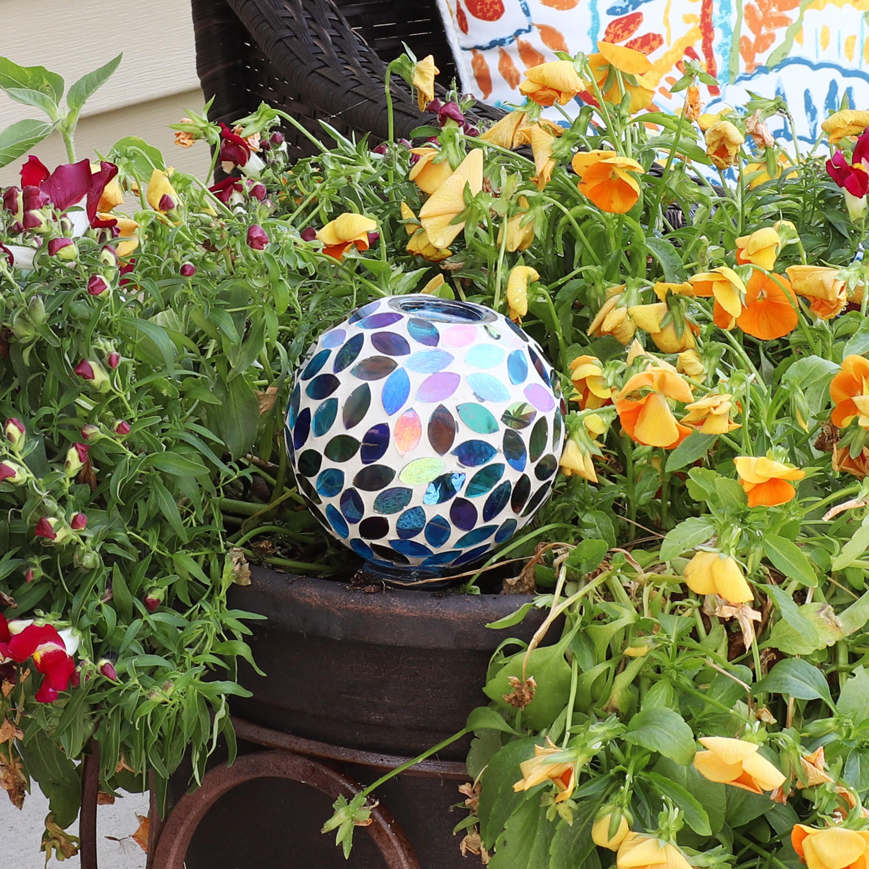 Sunnydaze Outdoor Mosaic Glass Watering Globe with Clay Spike for Planters - 9.5" - Spring Petals