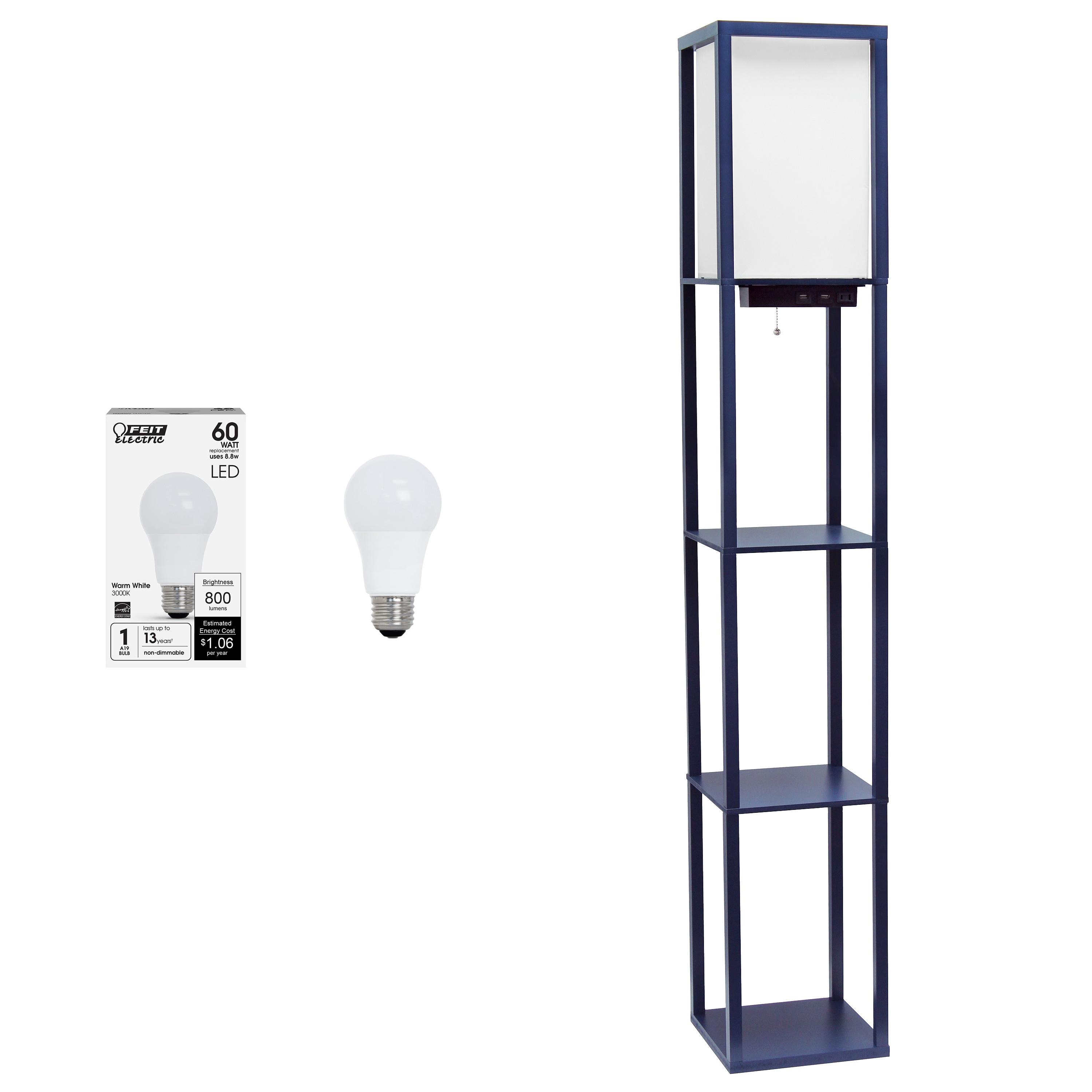 Creekwood Home Classix 62.5" 3-Tier Storage Floor Lamp with Charging Ports and Outlet Navy Blue