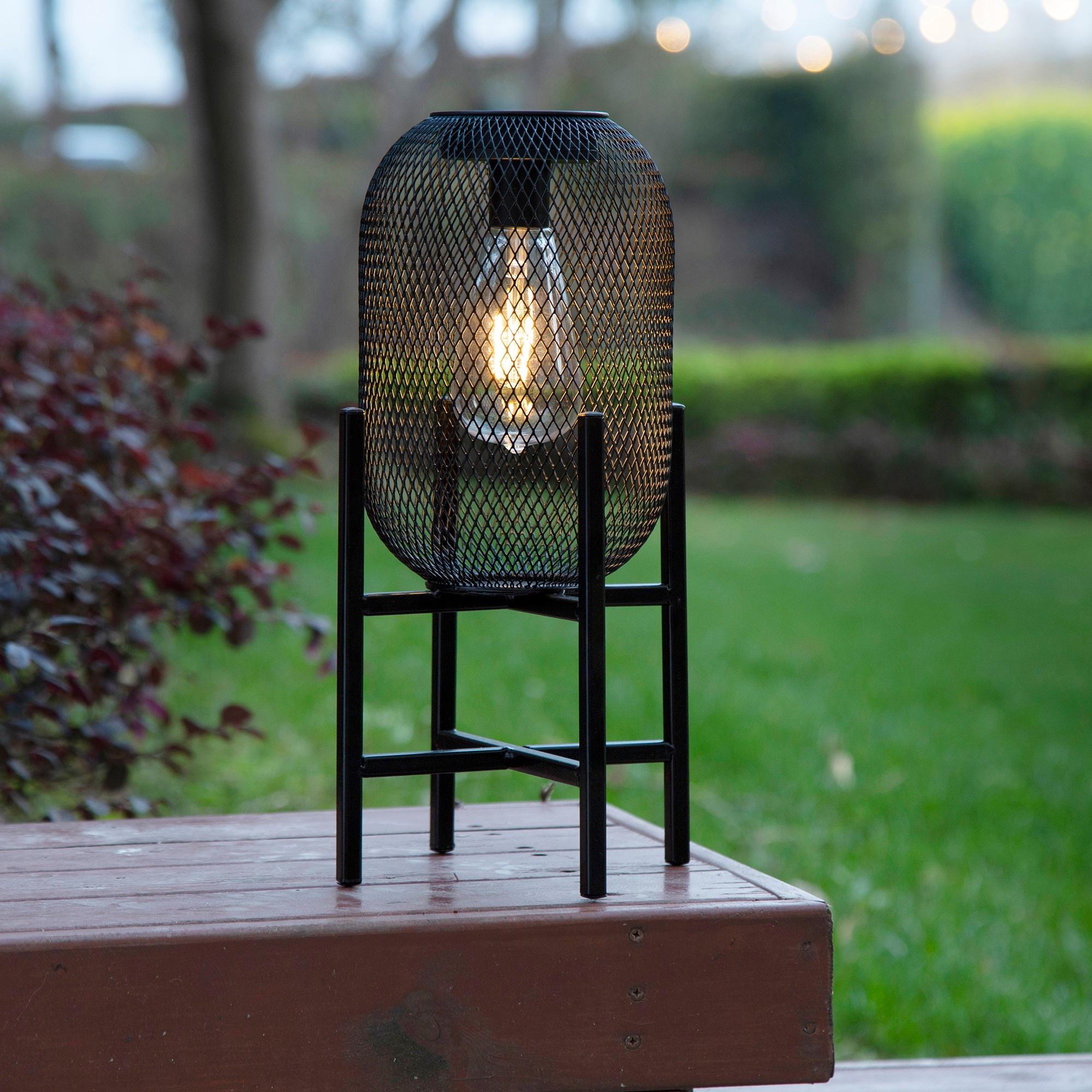 14.25"H Metal Mesh Solar Powered Outdoor Lantern With Stand