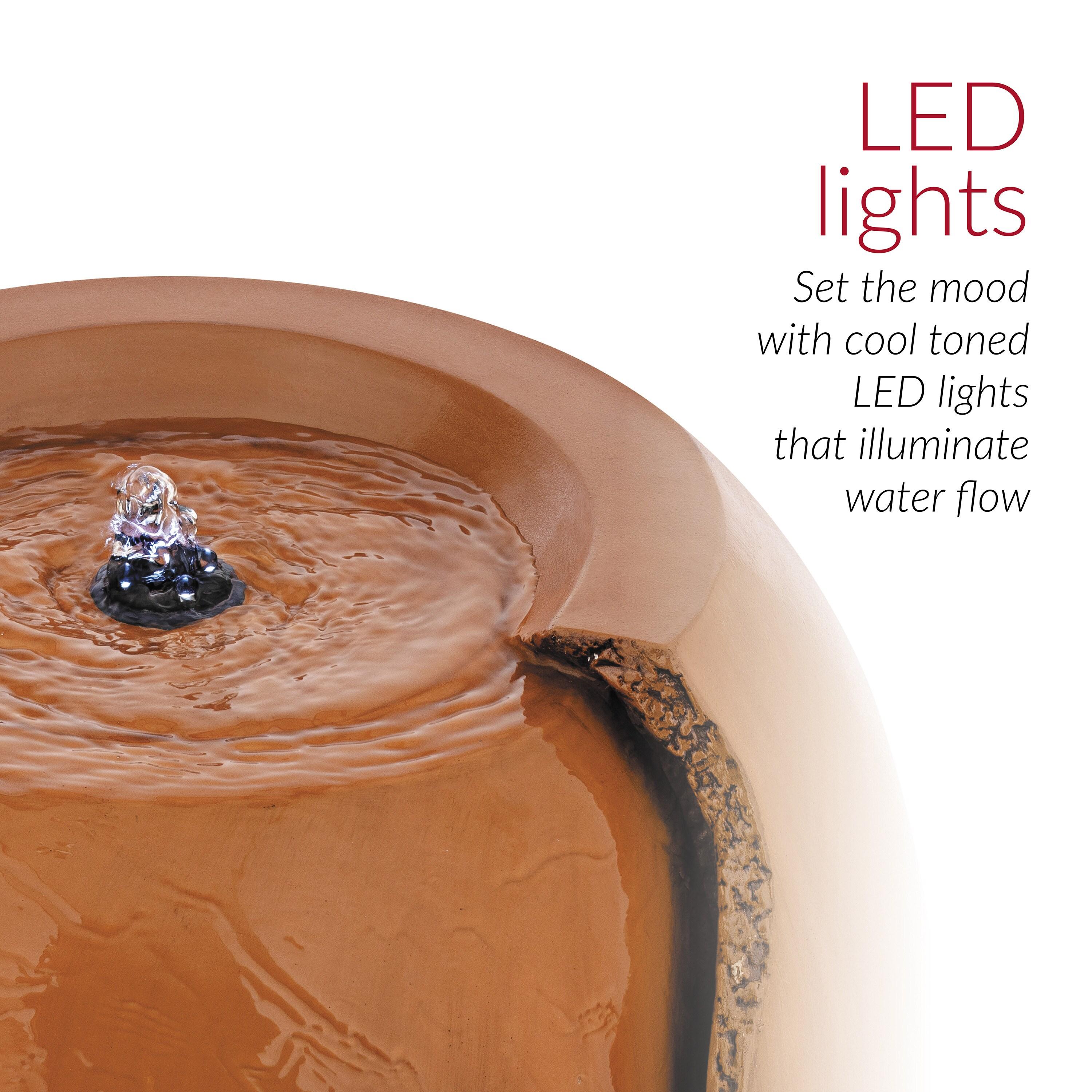 Alpine Corporation DIG100XS-BR Outdoor Floor Antique Jar Water Fountain with LED Lights, Vintage LED Waterfall, 33", Brown