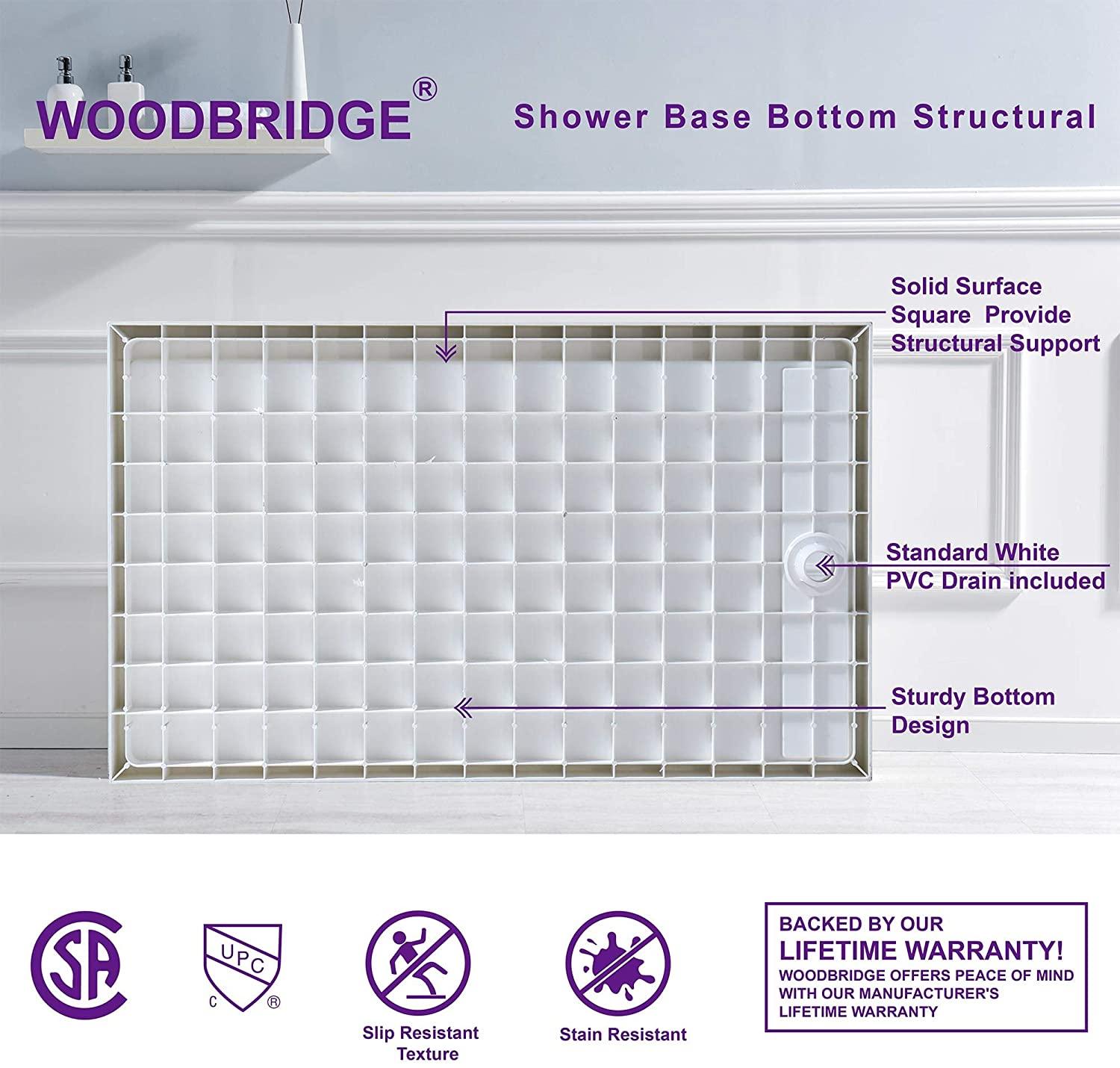 60" x 36" Solid Surface Single Threshold Shower Pan Base with Drain Assembly & Drain Cover Included, Non-Slip