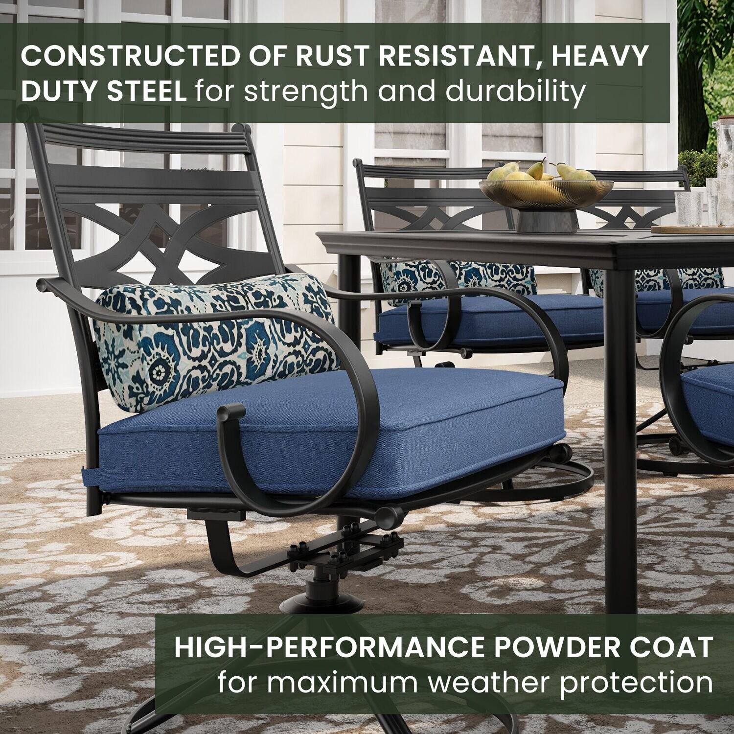 Hanover Montclair 9-Piece All-Weather Outdoor Patio Dining Set, 8 Swivel Rocker Chairs with Comfortable Seat and Lumbar Cushions, 84"x42" Stamped Rectangle Table, MCLRDN9PCSW8-NVY