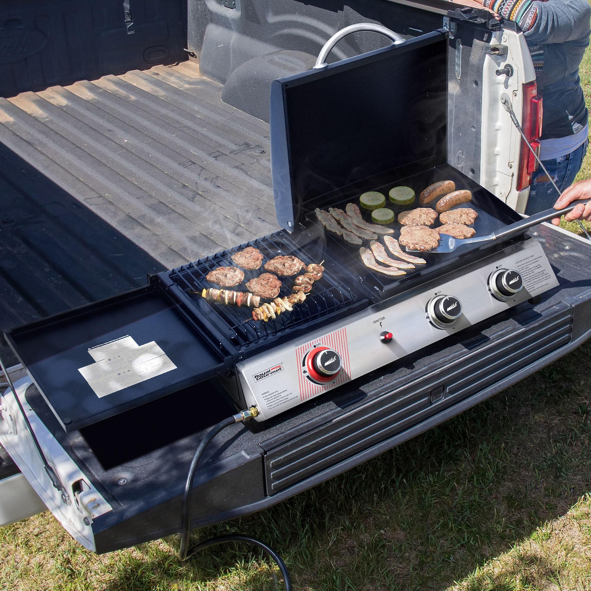 Royal Gourmet 3-Burner Portable Gas Griddle With Side Burner, 3-in-1 Grill and Griddle Combo Station With Lid for Outdoor Cooking, Silver