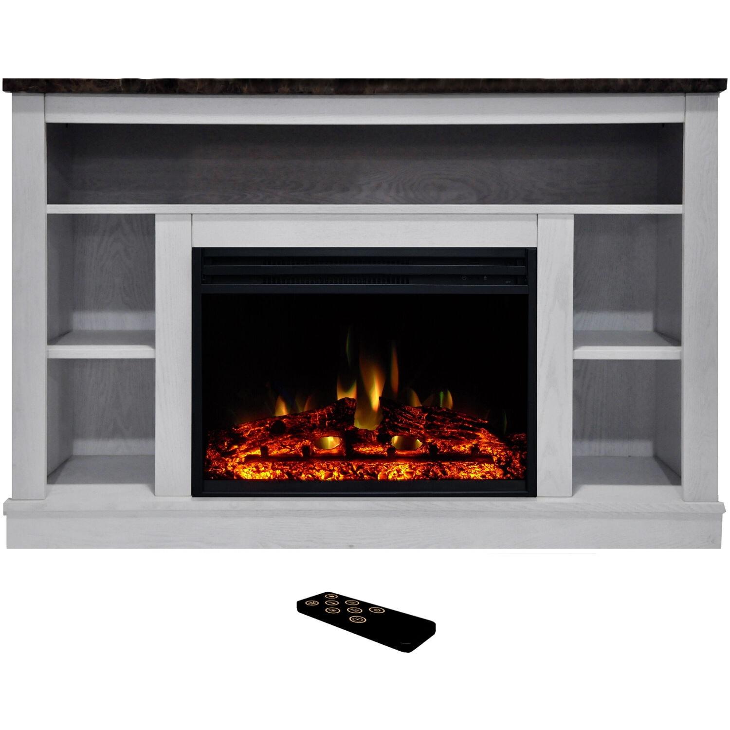 Cambridge Seville 47'' Freestanding Electric Fireplace with Log Insert, Remote| Multi-Color Flame| White Mantel | For Rooms up to 210 Sq.Ft. | Adjustable Heat Settings | Timer