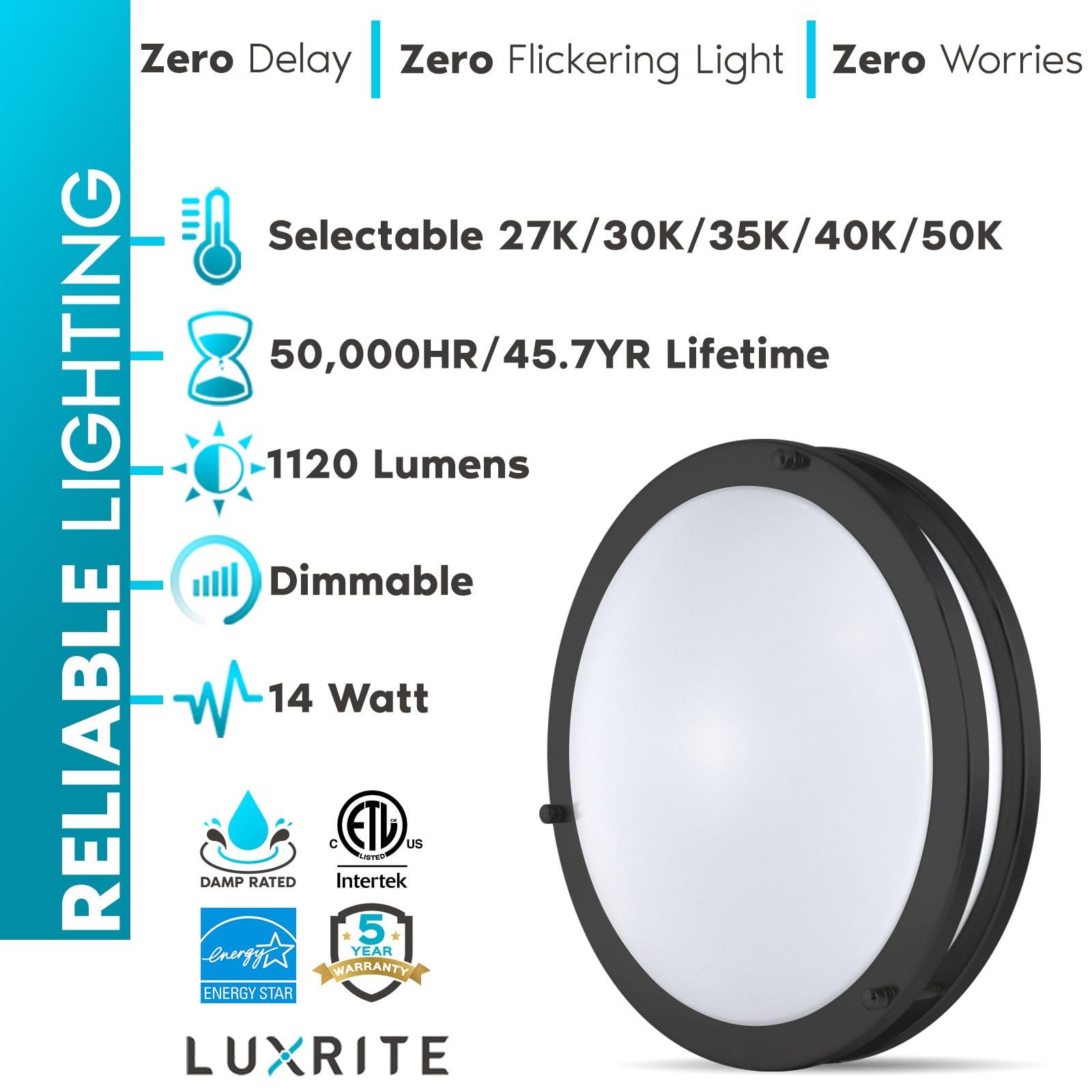 Luxrite 12 inch LED Flush Mount Ceiling Light, 5 Color Selectable 2700K-5000K, Dimmable, 14W, 1120 Lumens, ETL Listed, Matte Black