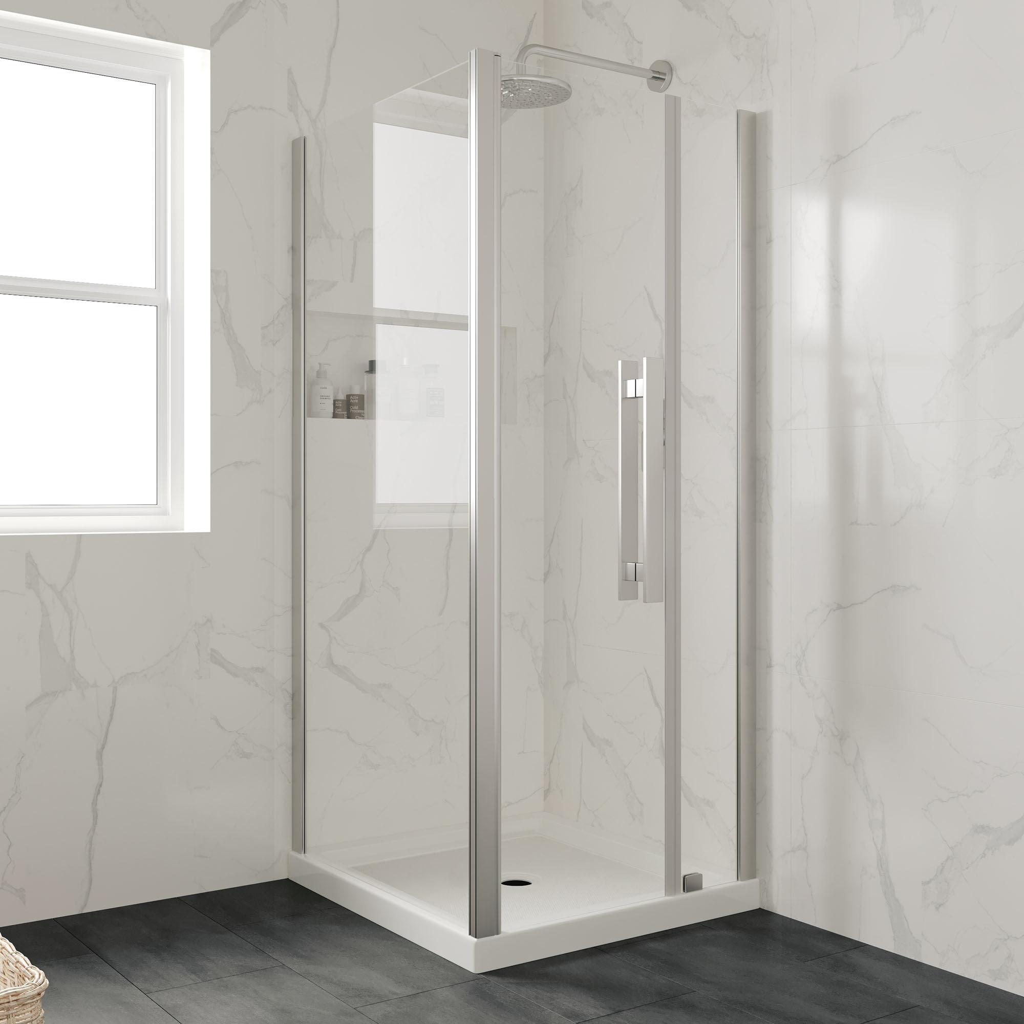 OVE Decors 34" x 32" Rectangle Shower Base Pan, White Acrylic, Center Drain, Reversible Design
