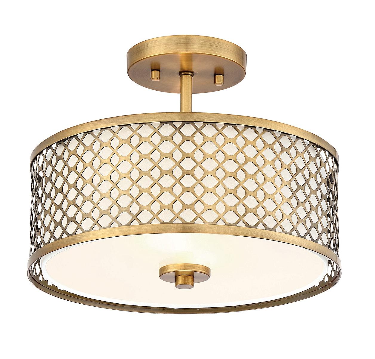 Meridian Elegance 2-Light Natural Brass Ceiling Light with Cream Fabric Shade
