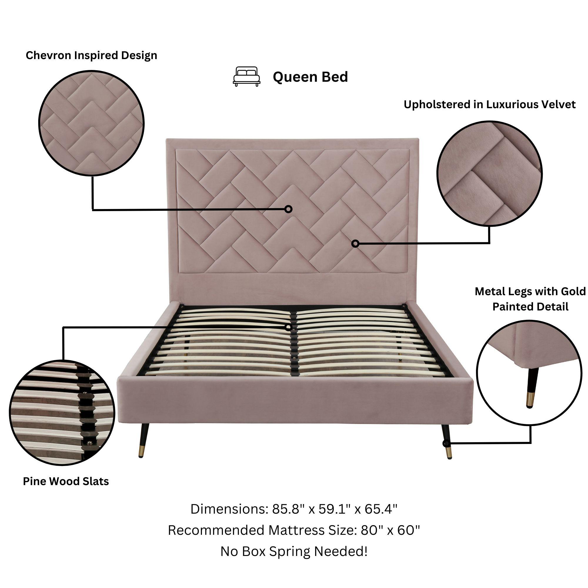 Manhattan Comfort Queen Crosby Modern Velvet Upholstered Bed Blush: Chic Wingback Design, Foam-Filled, No Box Spring Needed