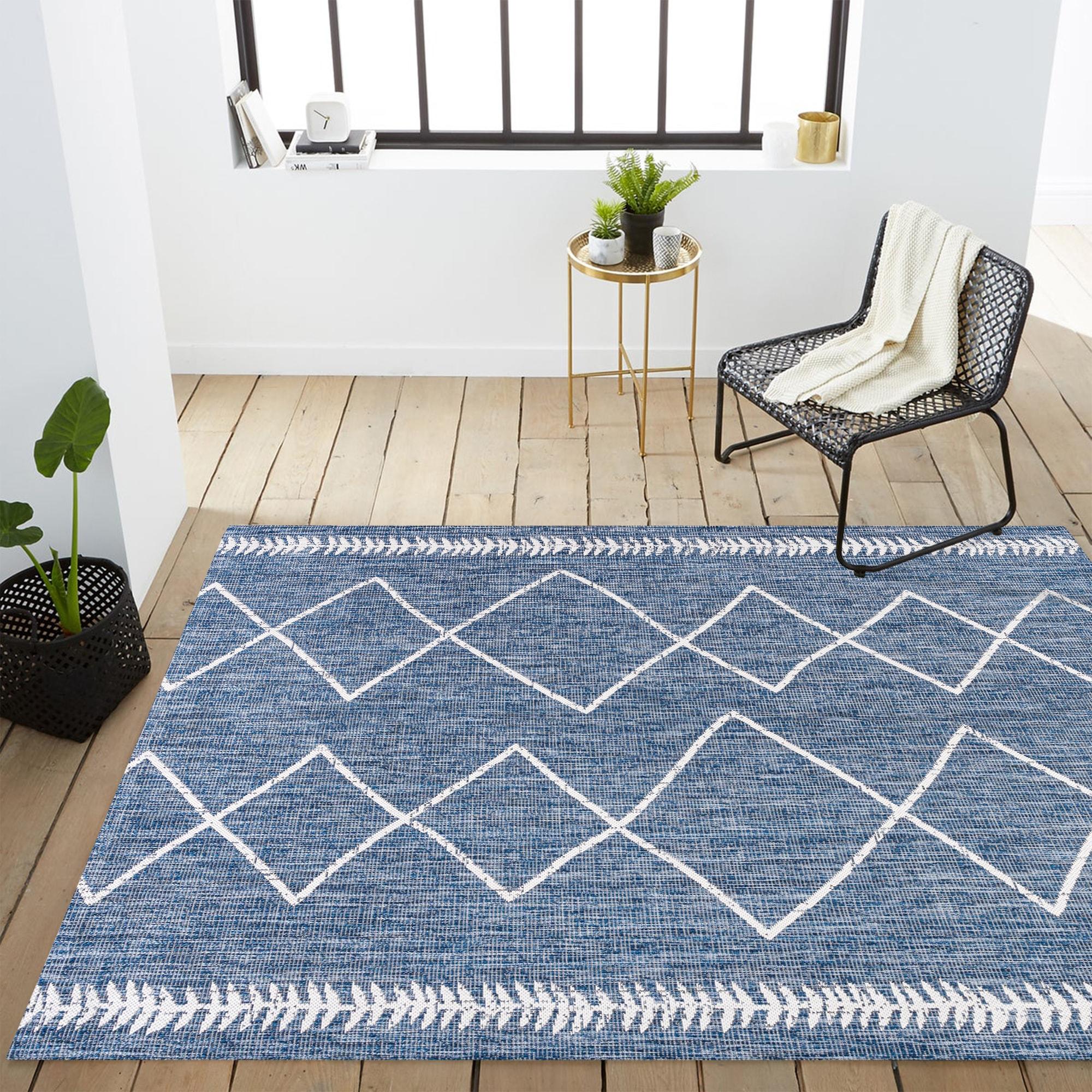 4'x6' Derya  Diamond Trellis Indoor/Outdoor Area Rug, Blue/Ivory - JONATHAN Y