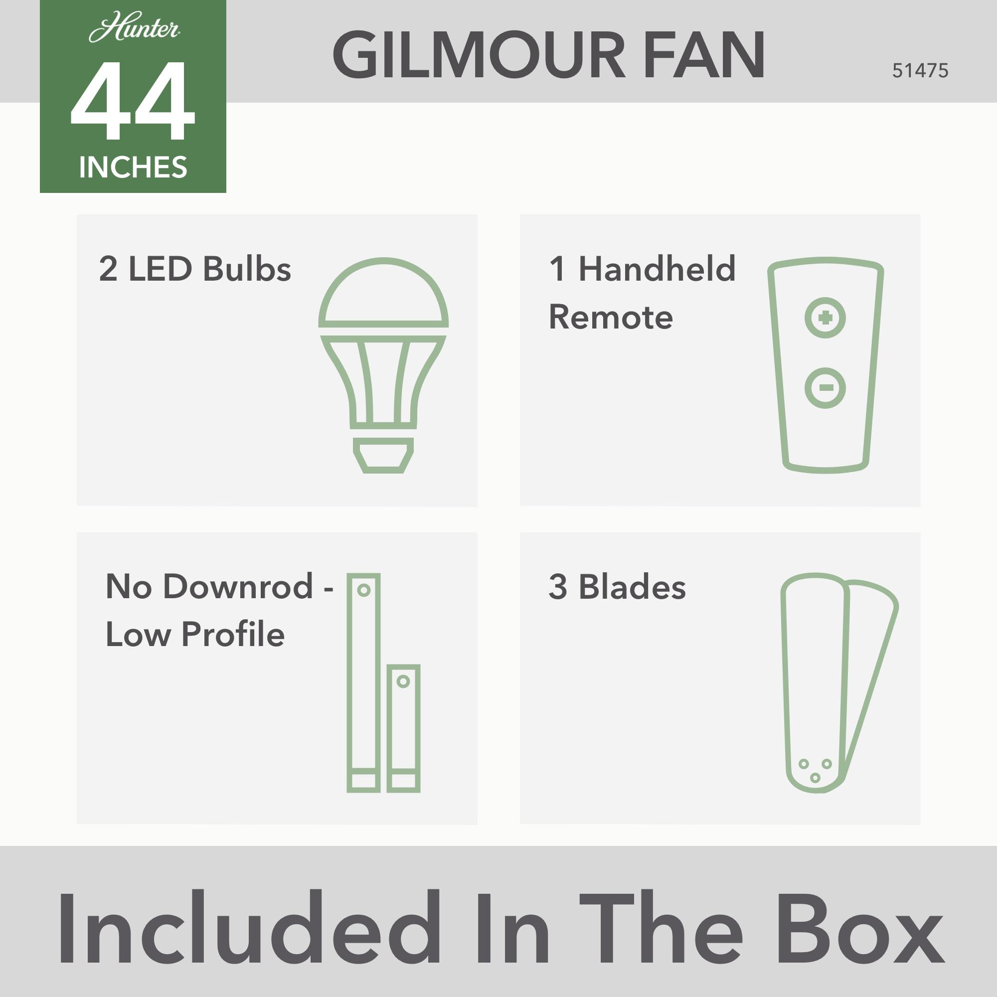 Hunter Fan 44" Gilmour 3 - Blade Outdoor Flush Mount Ceiling Fan with Remote Control and Light Kit Included