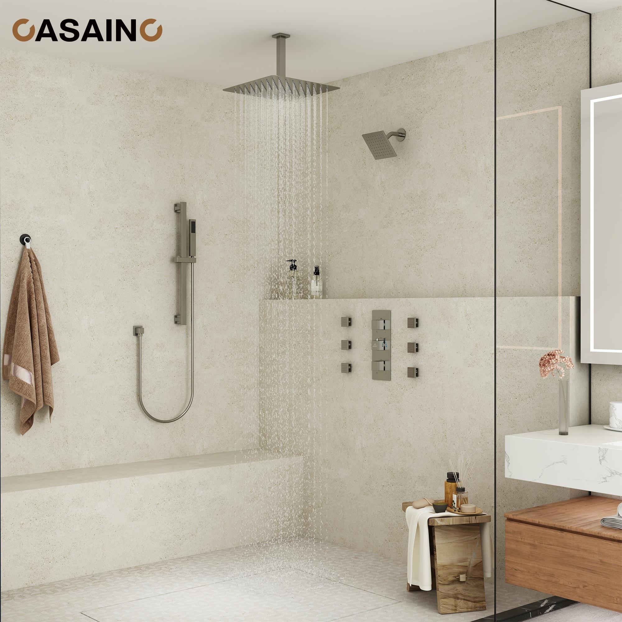 Rainfall Symphony 16inch Dual Shower Head Rainfall Thermostatic Shower System with 16-inch Slide Bar and Body spray