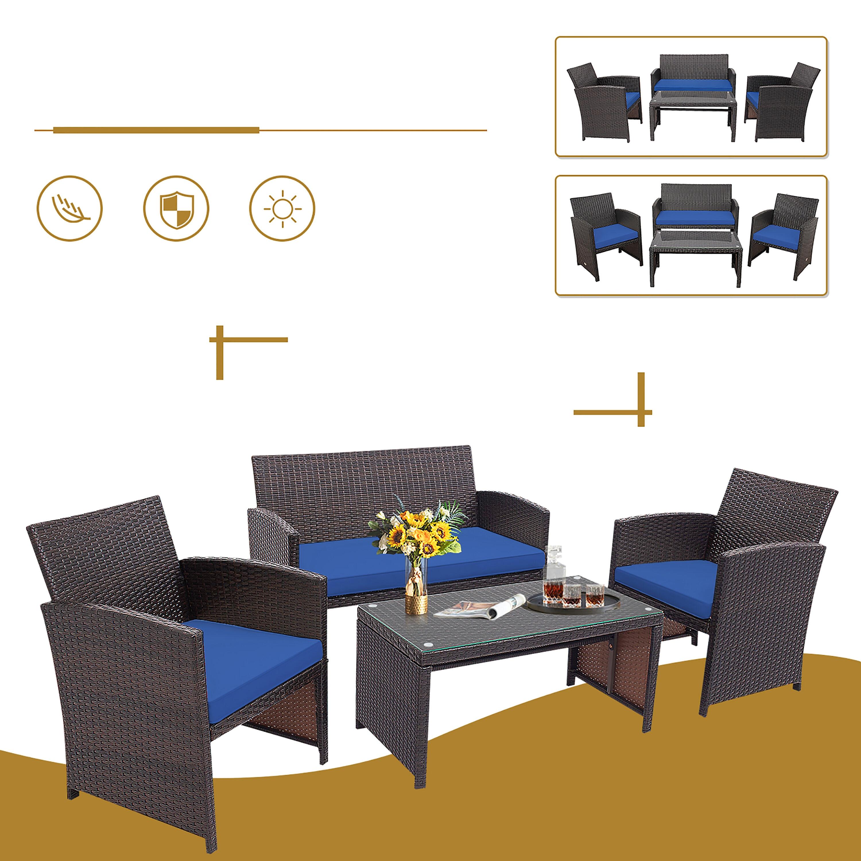 Resenkos 4 Pieces Outdoor Rattan Furniture Set, Wicker Furniture Sets, Patio Conversation Sets with Coffee Table Cushioned Sofa-Red