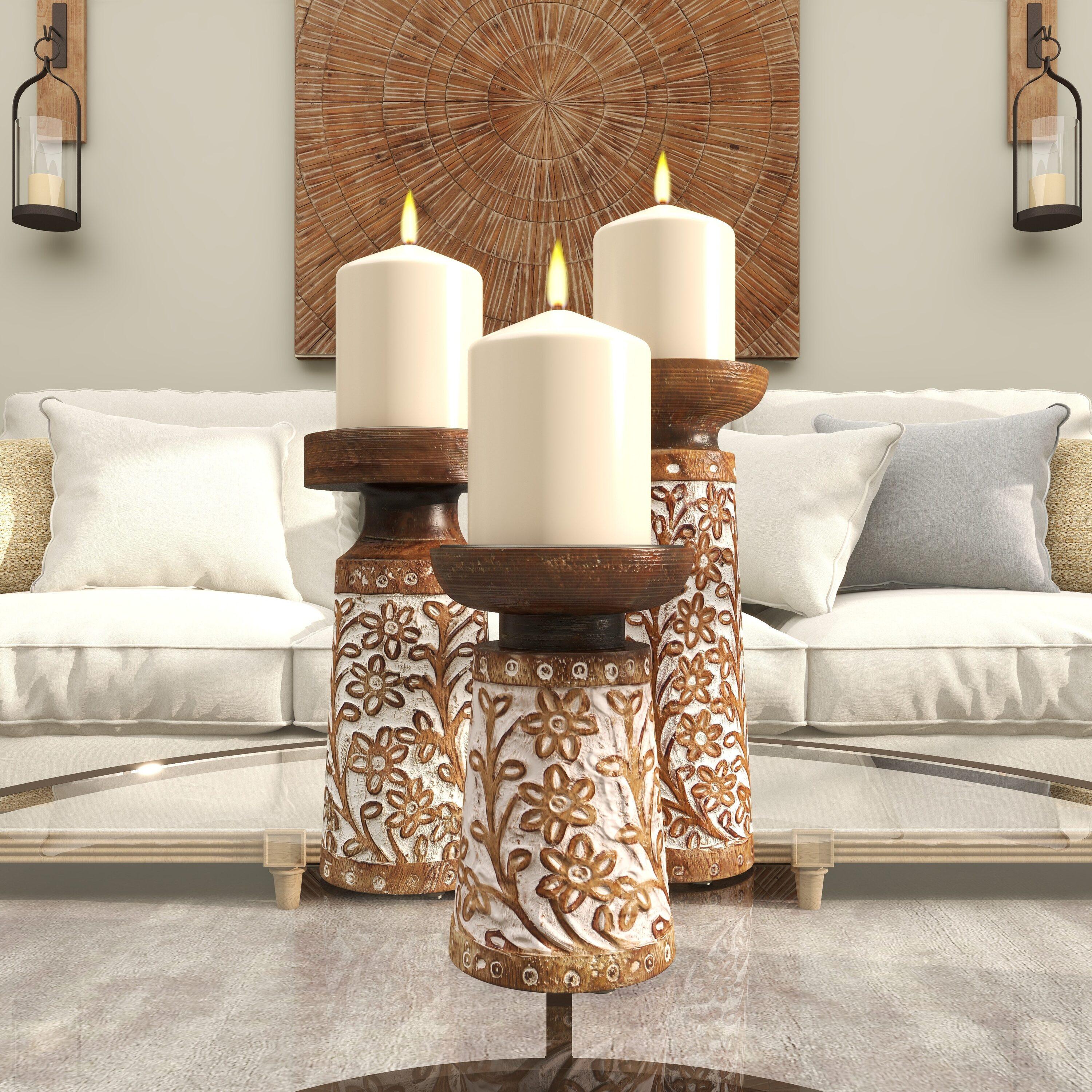 DecMode 3 Candle Brown Mango Wood Handmade Floral Carved Pillar Candle Holder with Cream Accents, Set of 3