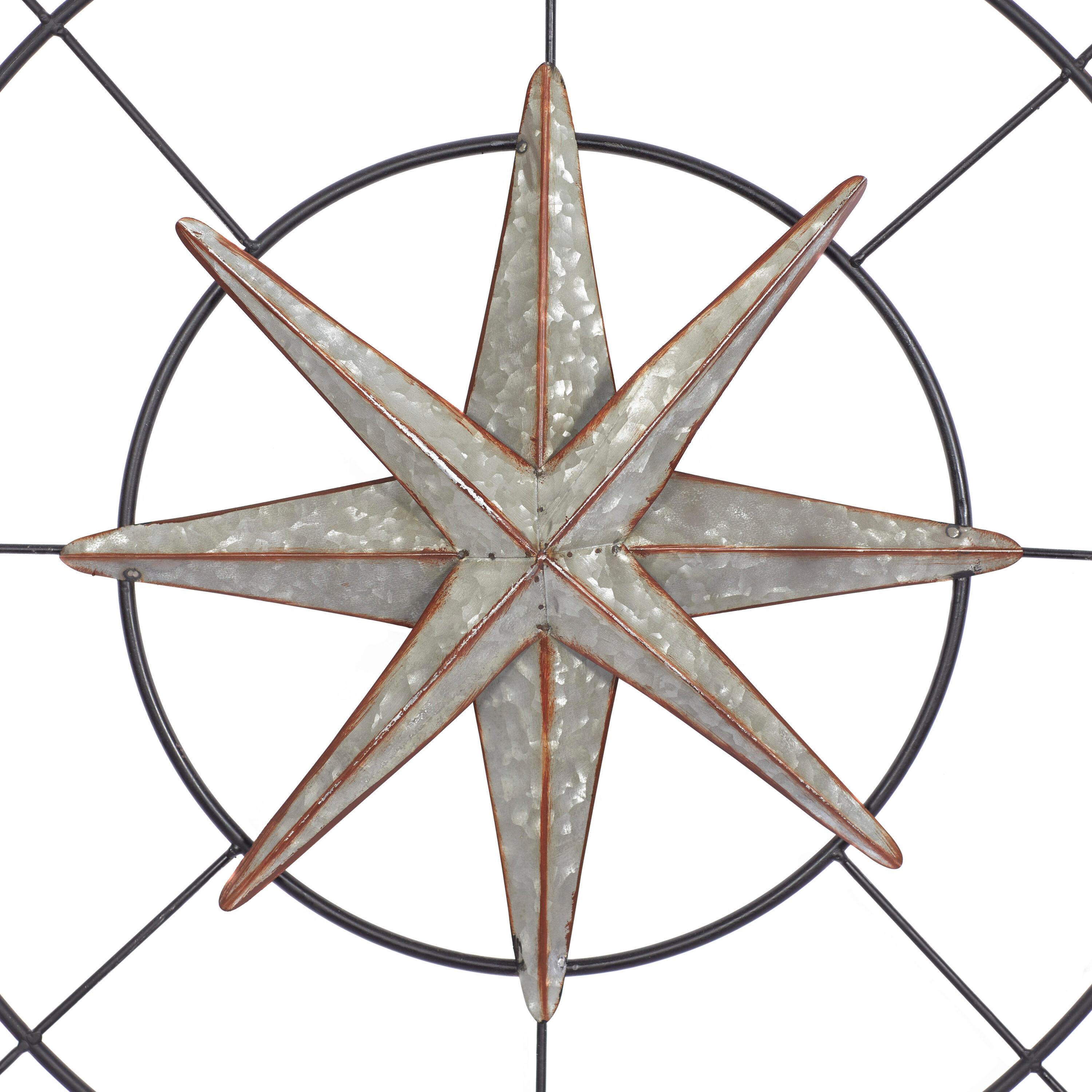 DecMode Farmhouse Metal Compass Shaped with 3D 8 Point Star Wall Décor, 32"D with Metallic Silver Galvanized Finish