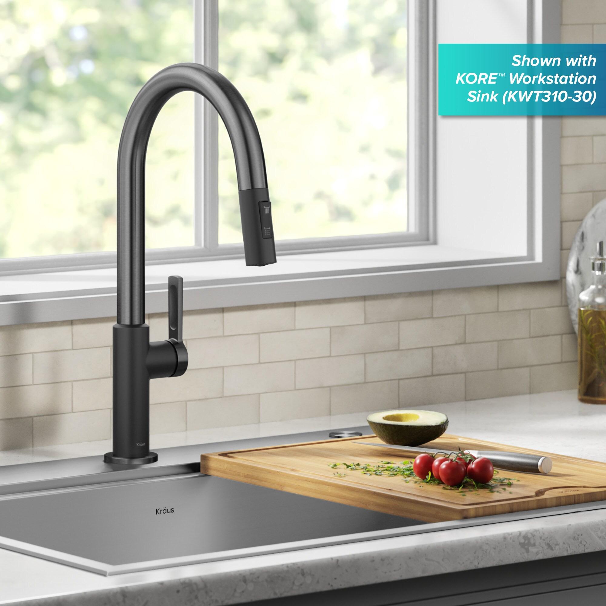 KRAUS Oletto Single Handle Pull Down Kitchen Faucet in Matte Black / Spot Free Black