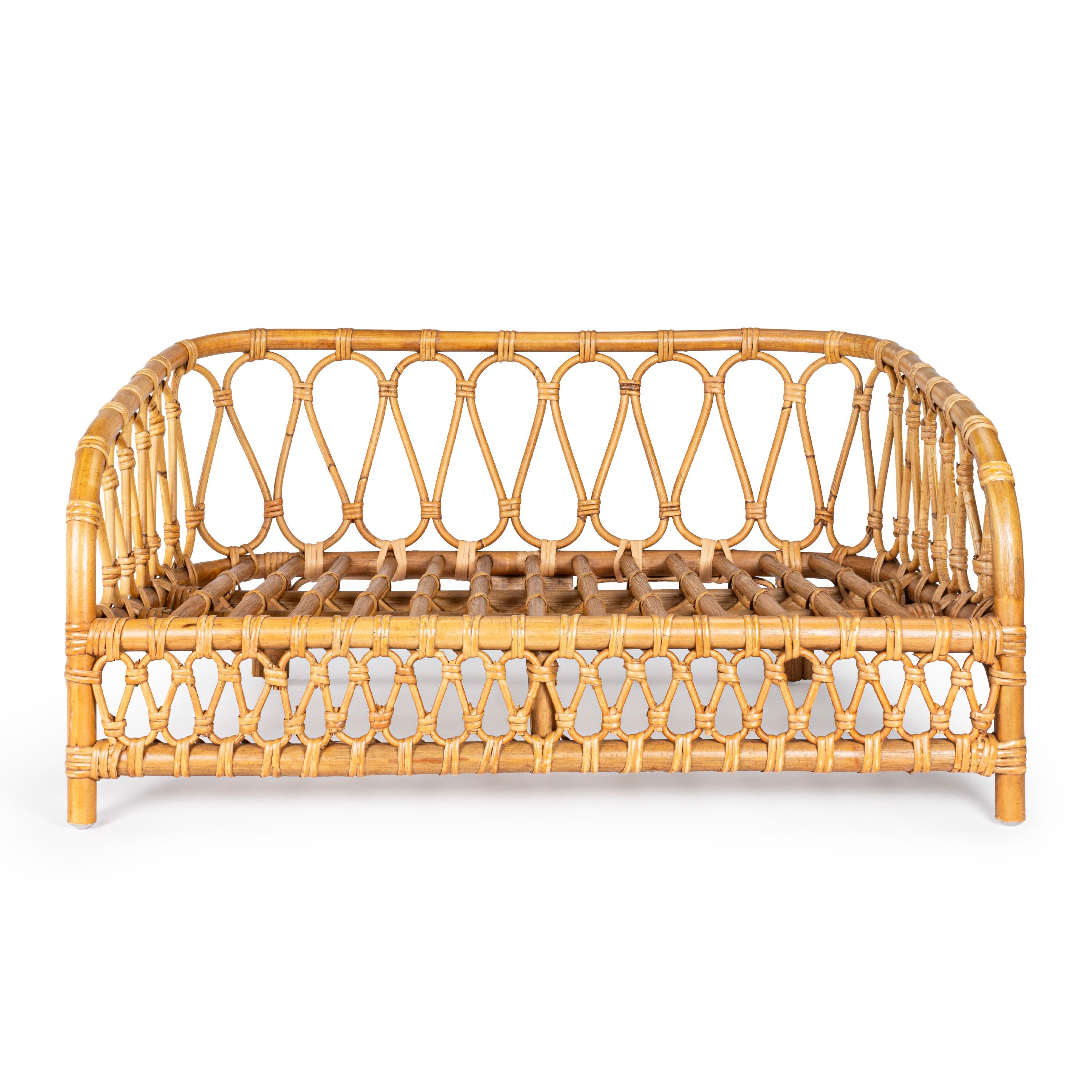 Elevated 27.5" x 17" Bohemian Handwoven Rattan Dog Daybed with Machine-Washable Cushion, Natural