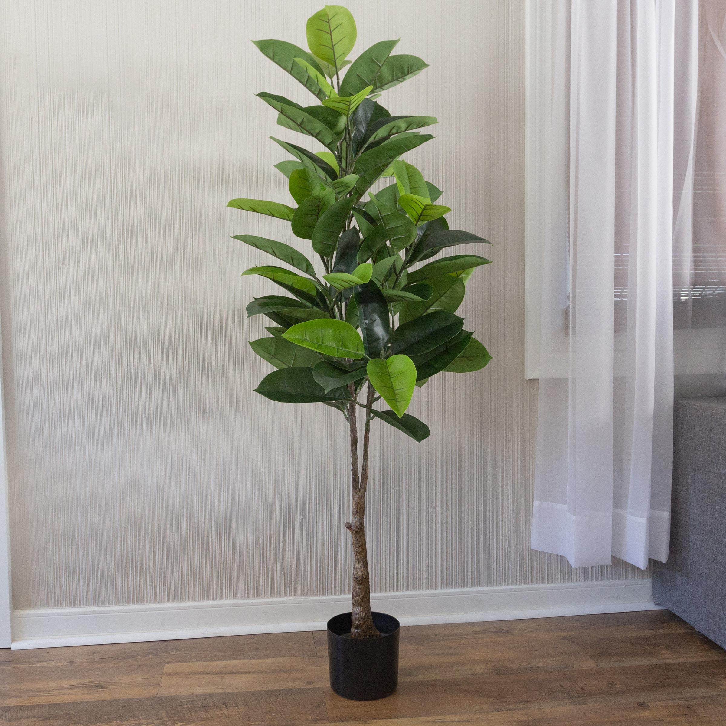 Artificial Rubber Plant - 51-Inch Faux Tree with Natural-Feel Leaves - Realistic Potted Indoor Plant for Office or Home Decor by Pure Garden (Green)