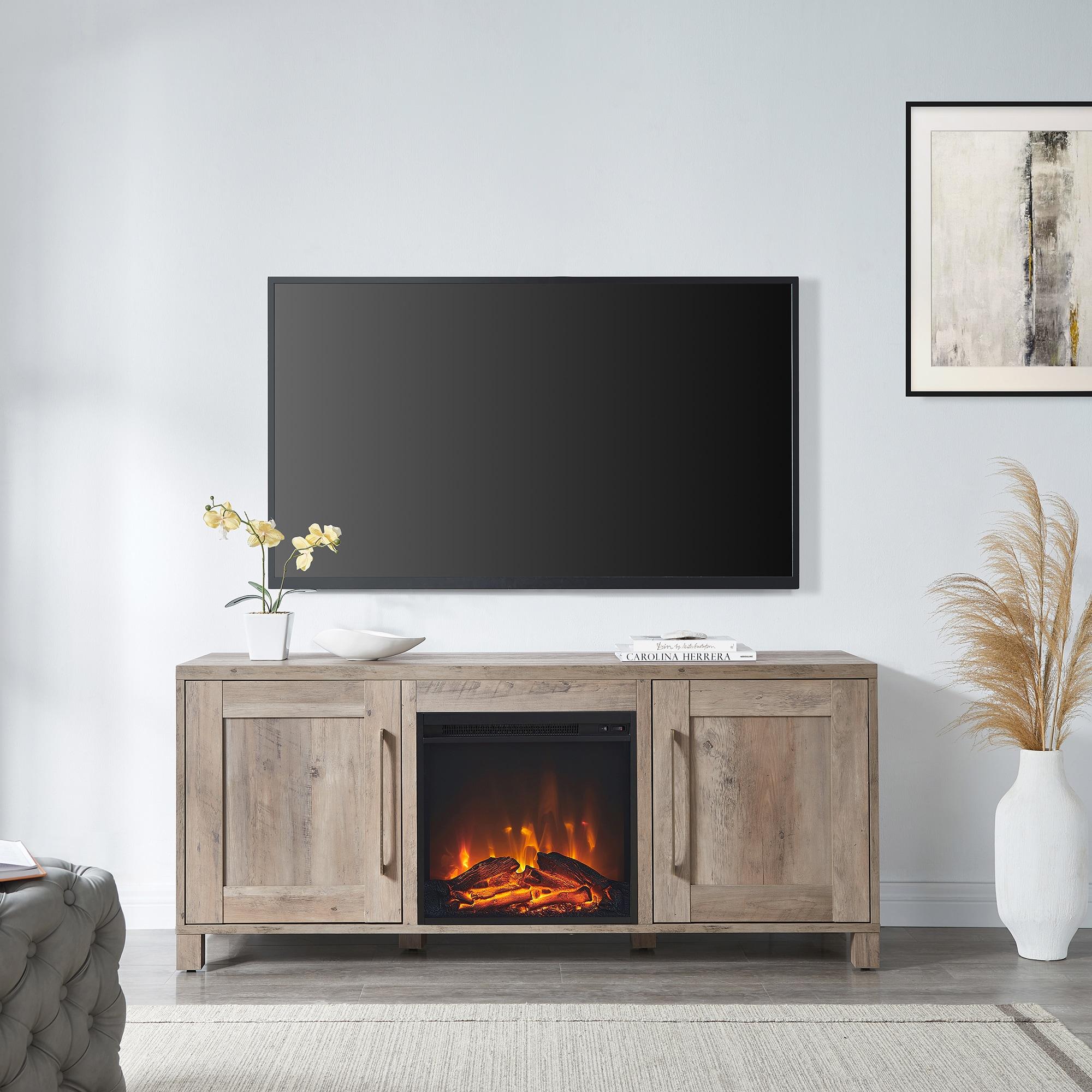 Evelyn&Zoe Chabot Rectangular TV Stand with Log Fireplace for TV's up to 65", Gray Oak