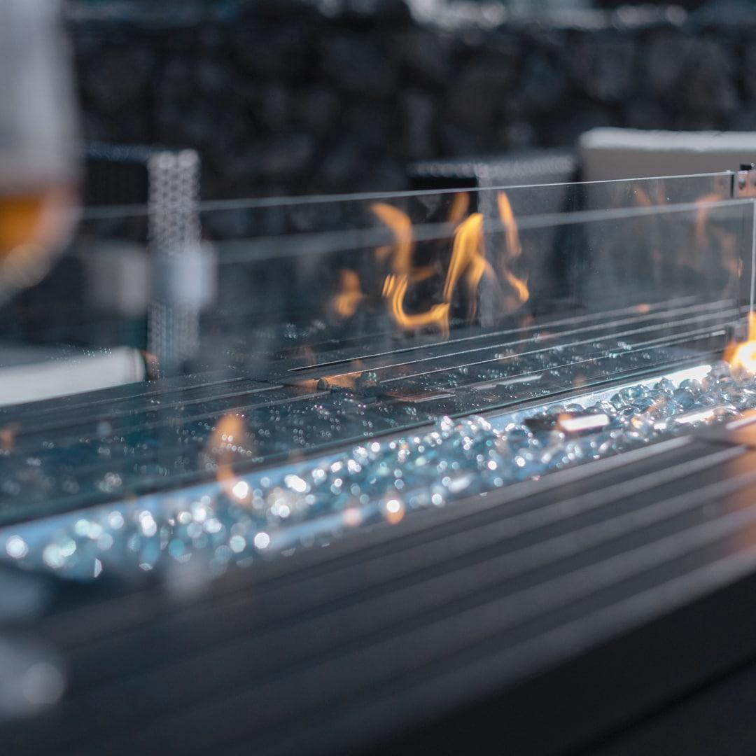 56 in. x 21 in. Rectangular Fire Table with Glass Wind Guard, Cover and Table Lid in Bronze