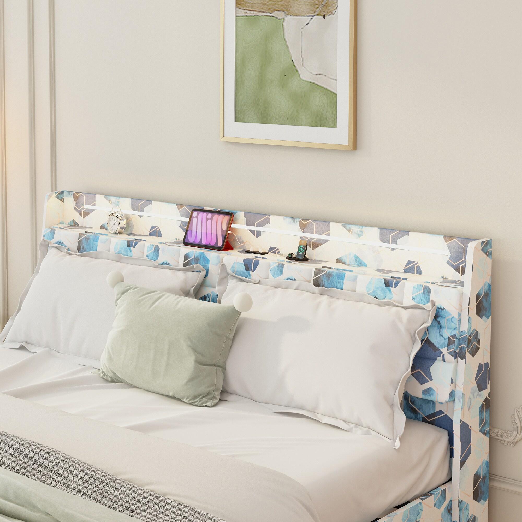 SYNGAR Floating Queen Bed Frame with Upholstered Storage Headboard, Modern Metal Bed Frame with LED Light and Charging Station, Noise Free, Wood Slat Support, No Box Spring Needed, Muticolor
