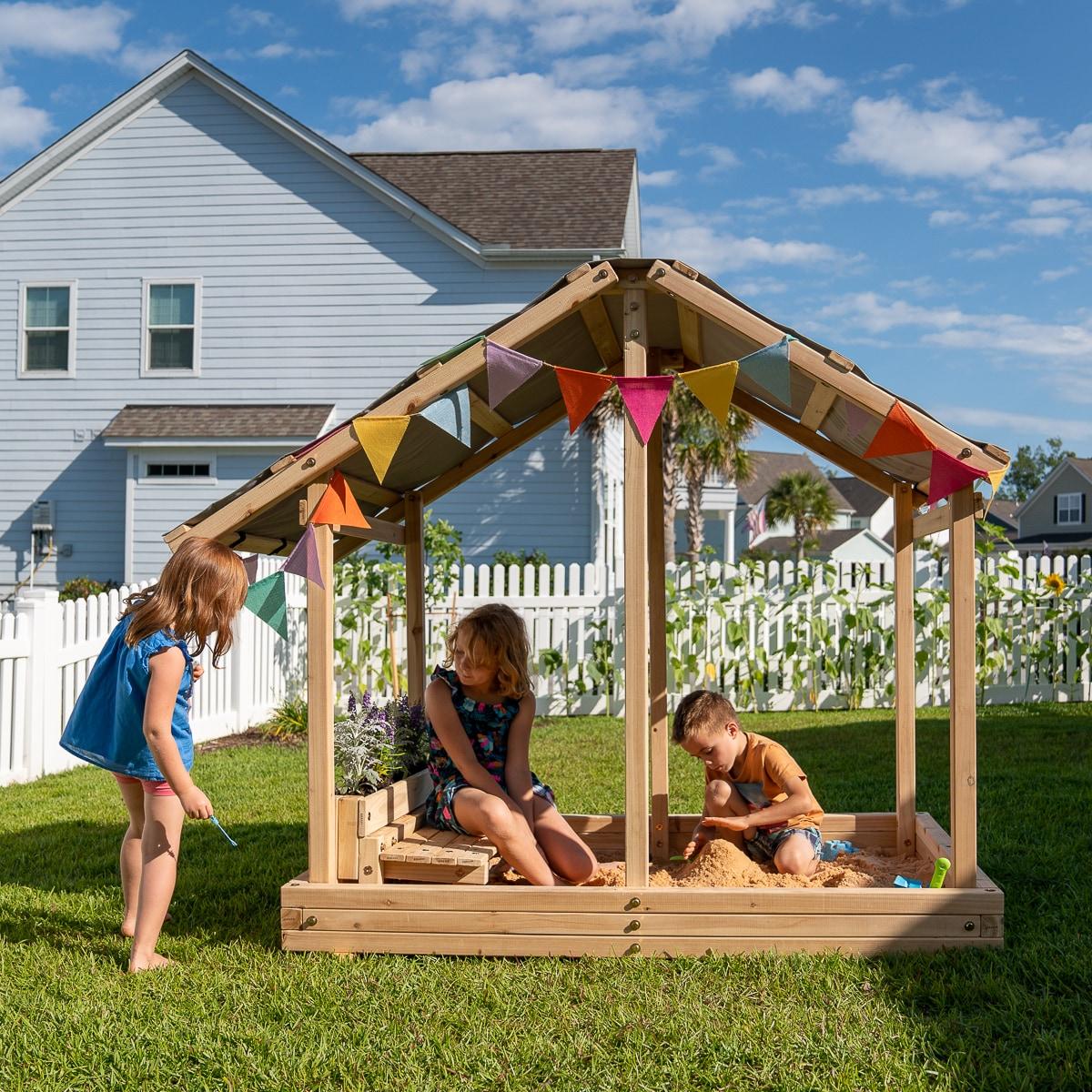 Dig n Play Wooden Sandbox Playhouse with Bench & Flower Planter, Outdoor Sand Pit for Kids