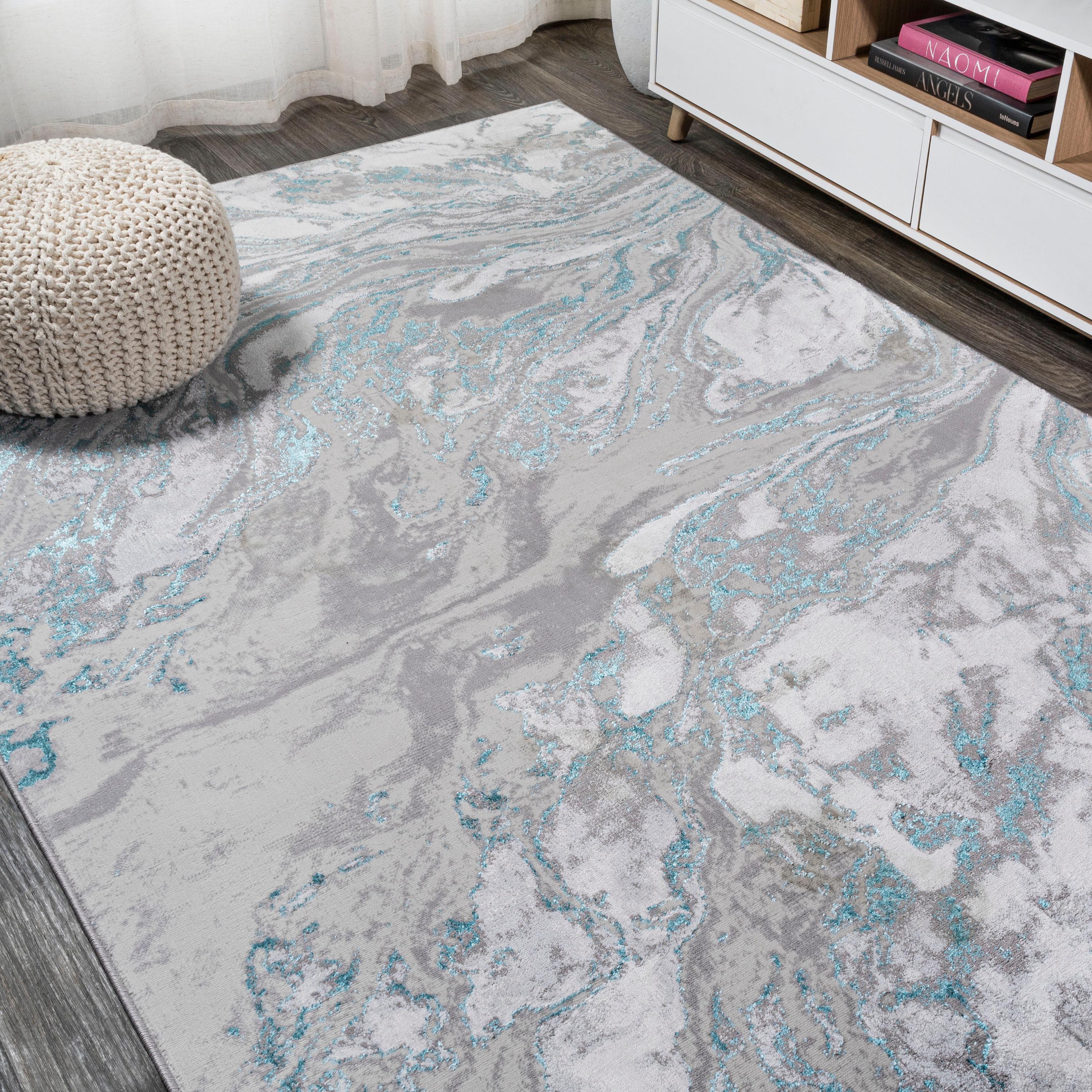 4'x6' Swirl Marbled Abstract Area Rug, Gray/Turquoise - JONATHAN Y