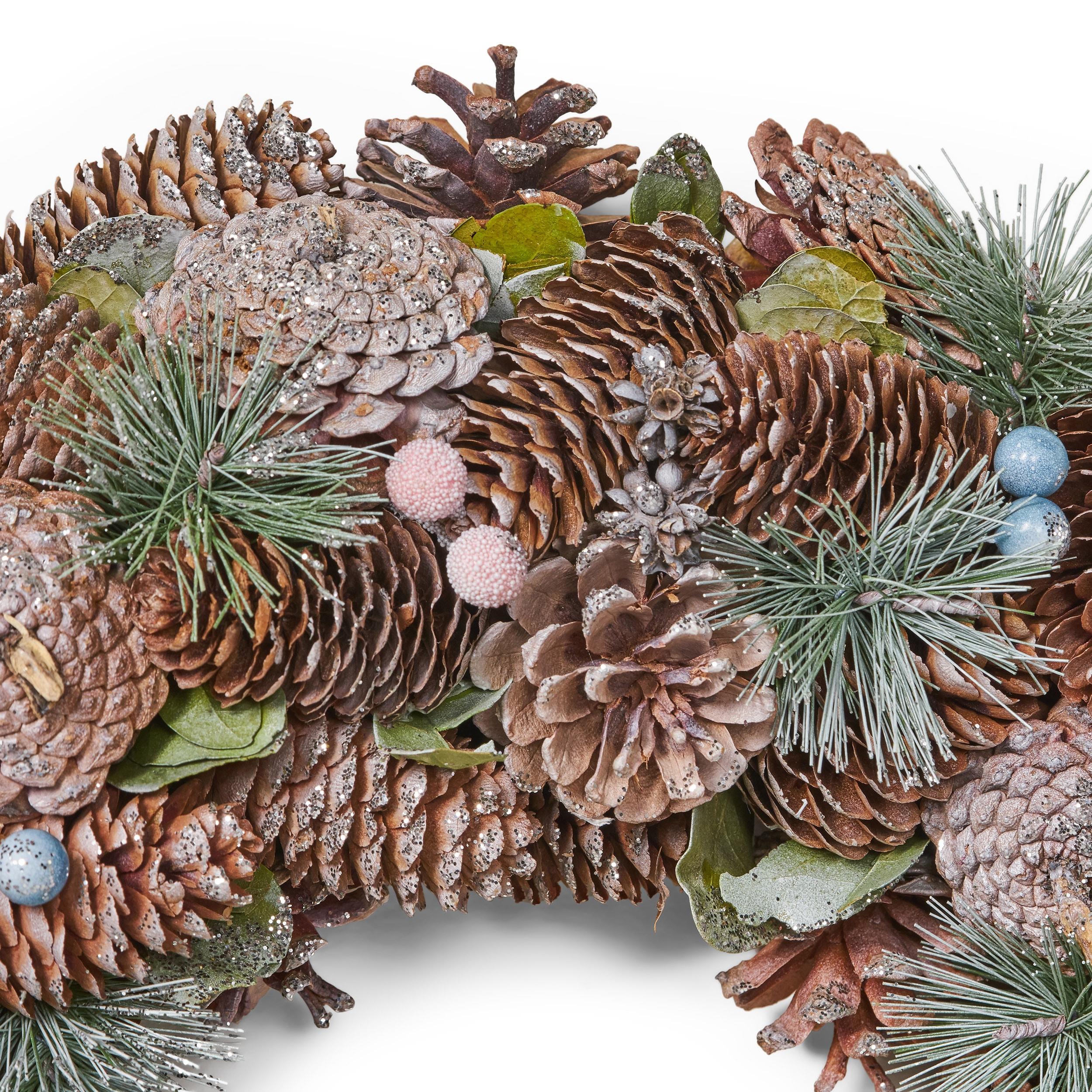 Christopher Knight Home Modern 18.5" Pine Cone and Glitter Artificial Christmas Wreath, Natural and White by
