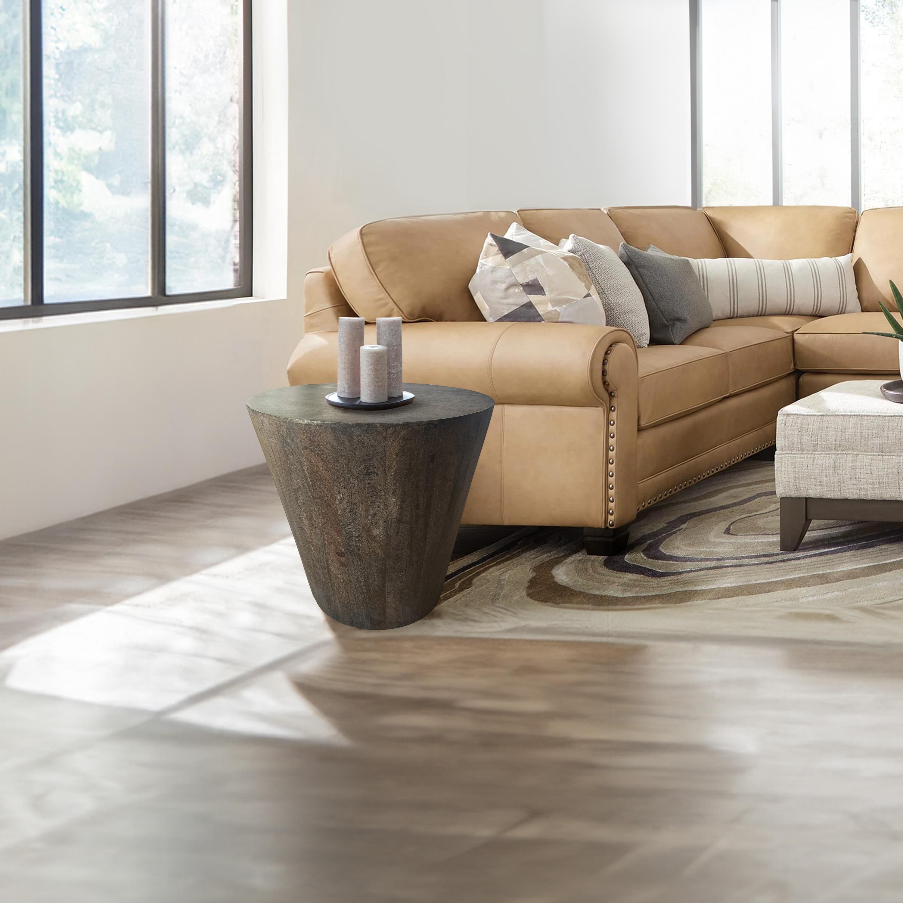 Royal Hampton 24 Inch Side End Table with Round Drum Shape, Handcrafted Mango Wood Construction, Distressed Gray