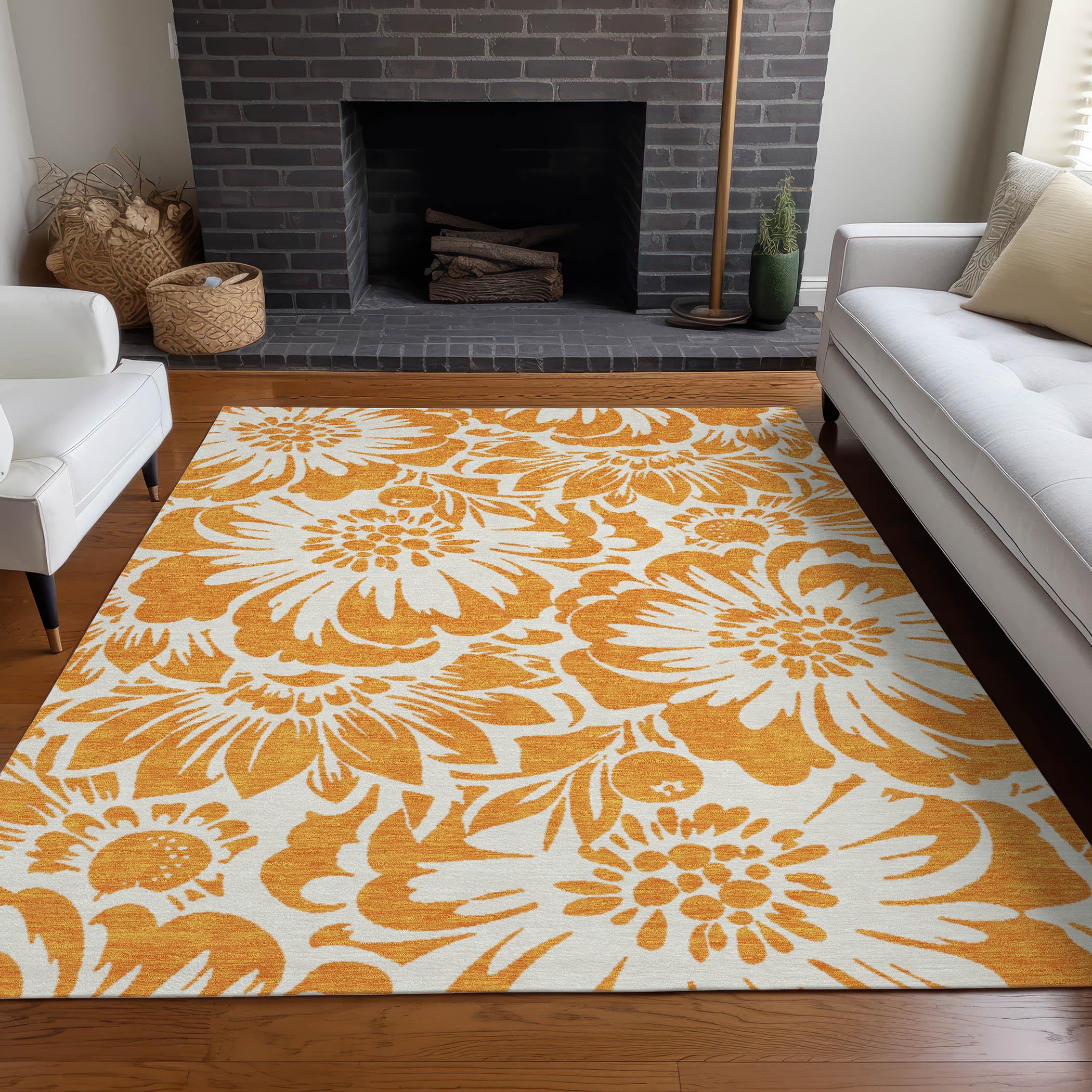 Orange Floral Synthetic Washable Rectangular Rug 2'6" x 3'10"