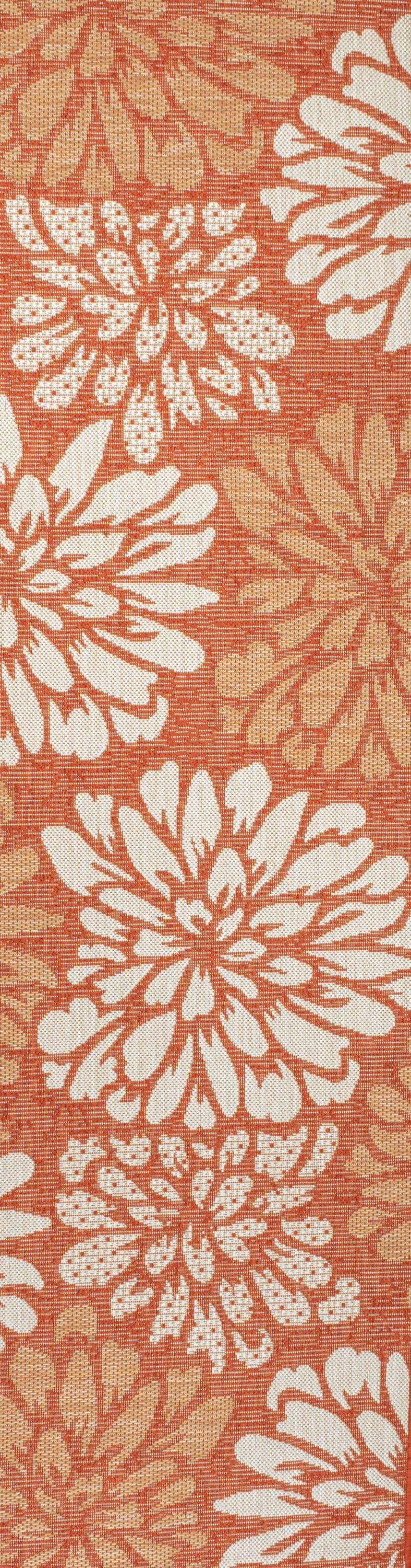 2' x 10' Zinnia Modern Floral Textured Weave Indoor/Outdoor Runner Rug, Orange/Cream - JONATHAN Y