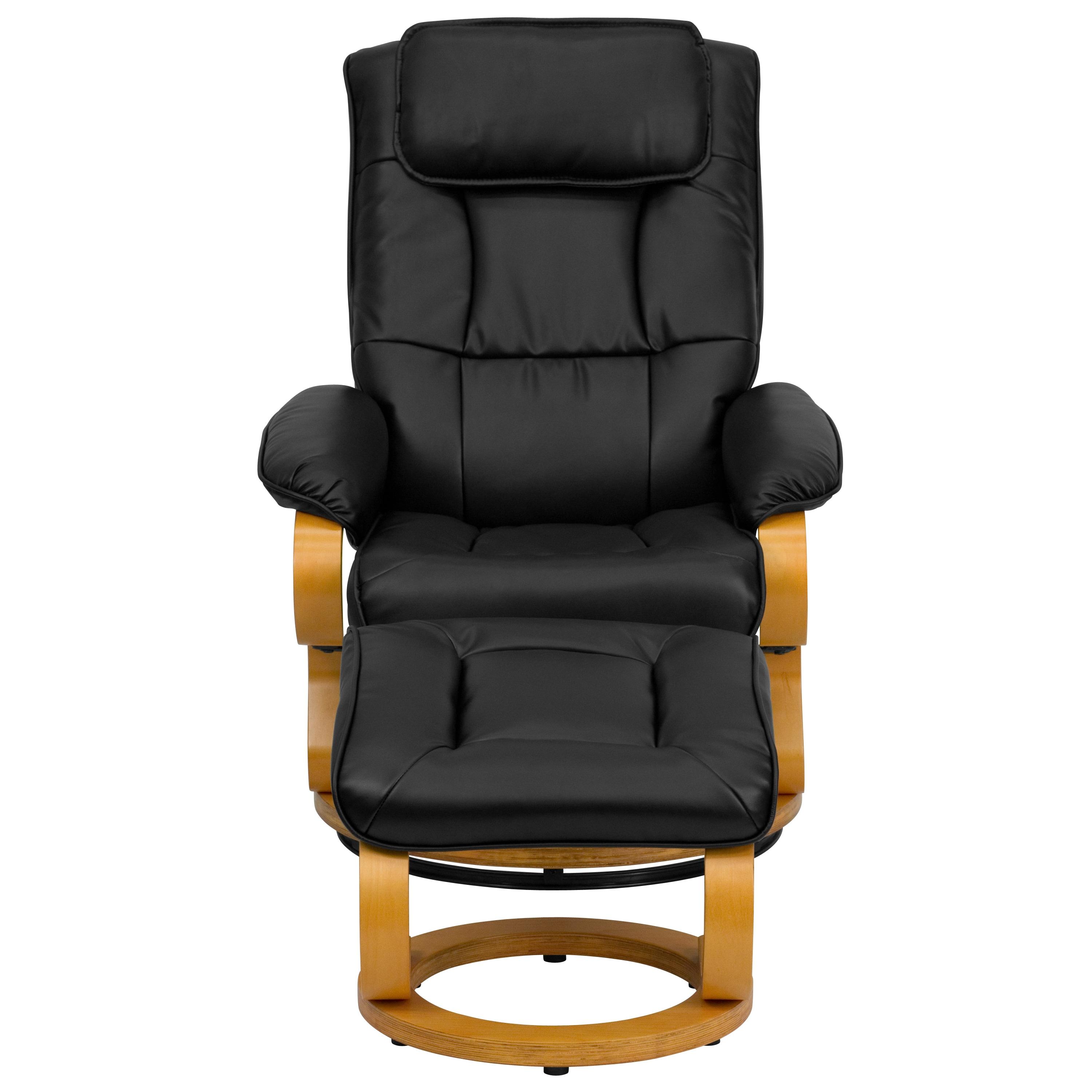 Flash Furniture Davies Contemporary Adjustable Recliner and Ottoman with Swivel Maple Wood Base in Black LeatherSoft